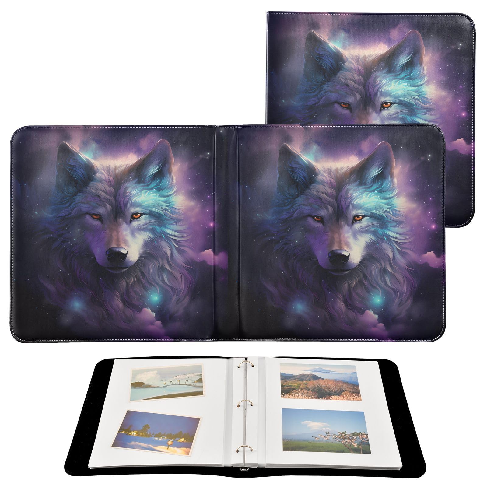 JIPONI Dreamy Wolf Large Photo Album, DIY Leather Cover Scrapbook Albums for 4x6 5x7 6x8 Pictures, Self Adhesive Memory Book for Wedding, Baby, Family