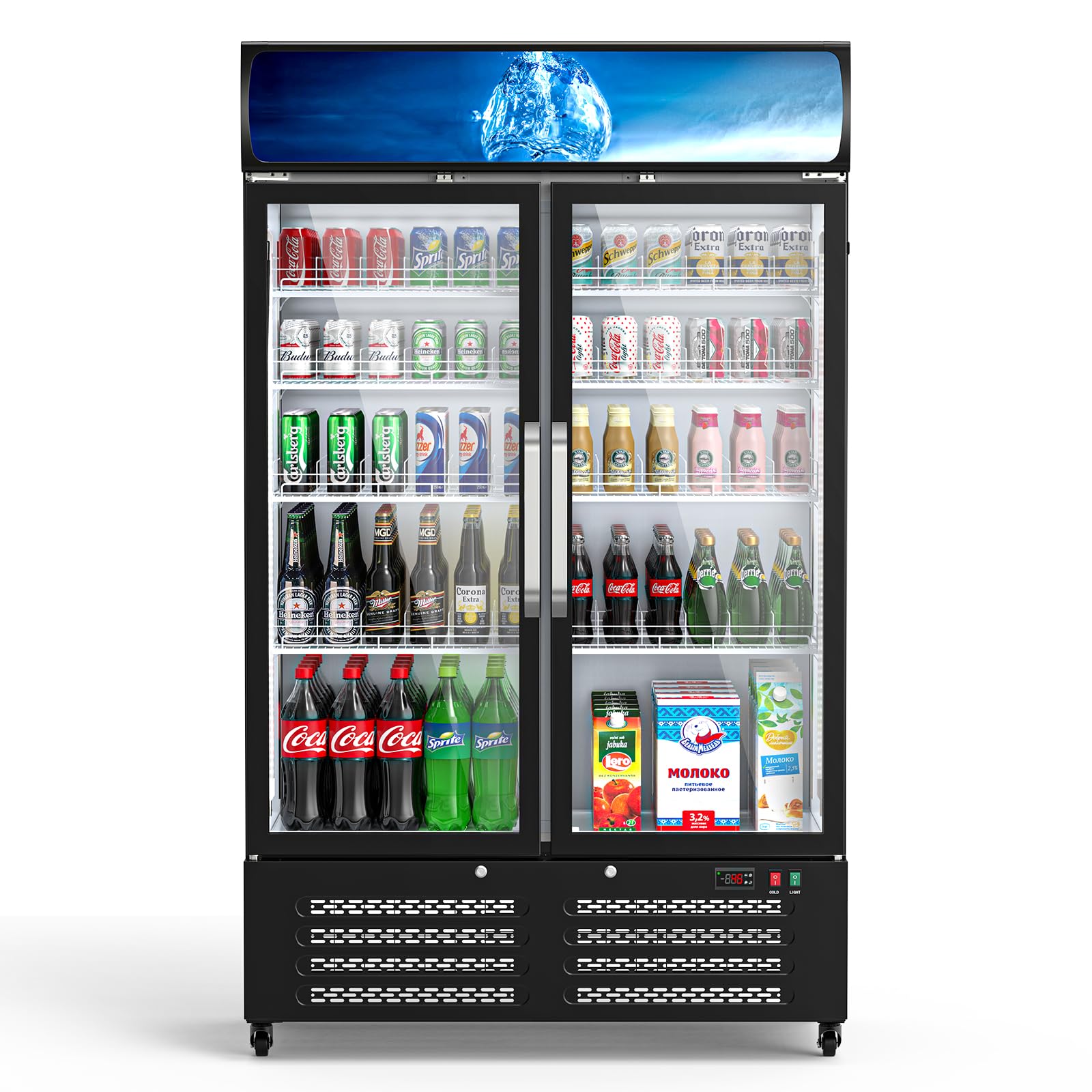 Commercial Display Fridge for Beverage,25 Cu Ft Glass Door Upright Refrigerator Merchandiser with Front LED Light,Large Freestanding Double Door Business Cooler for Shop,Restaurant,Apartment,etc