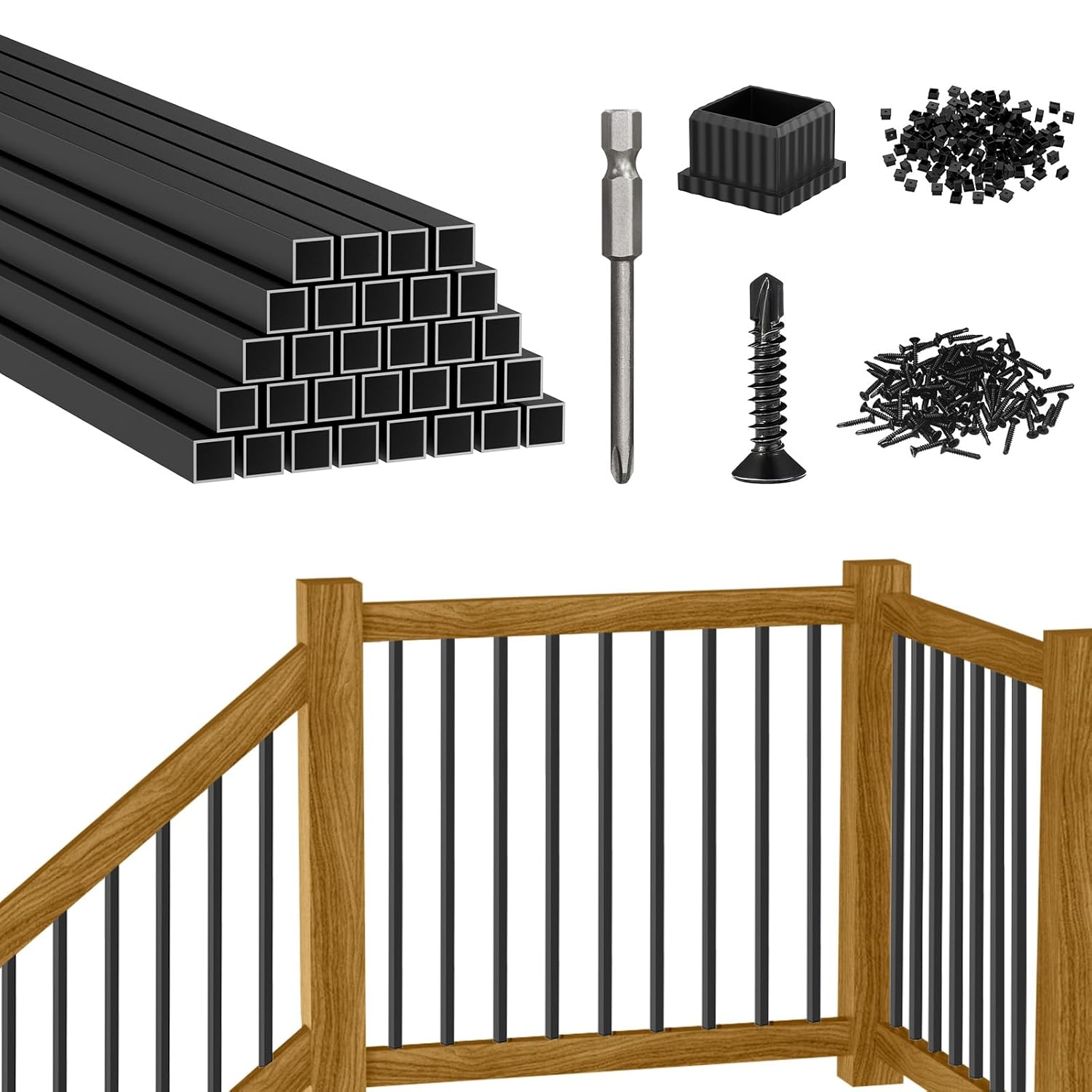 CKE 32" Square Deck Balusters, 3/4" Diameter Hollow Square Aluminum Deck Spindles, 30 Packs Black Aluminum Deck Balusters for Wood and Composite Deck Railings with Screws & Balusters Conectors S32 Square-32" 30