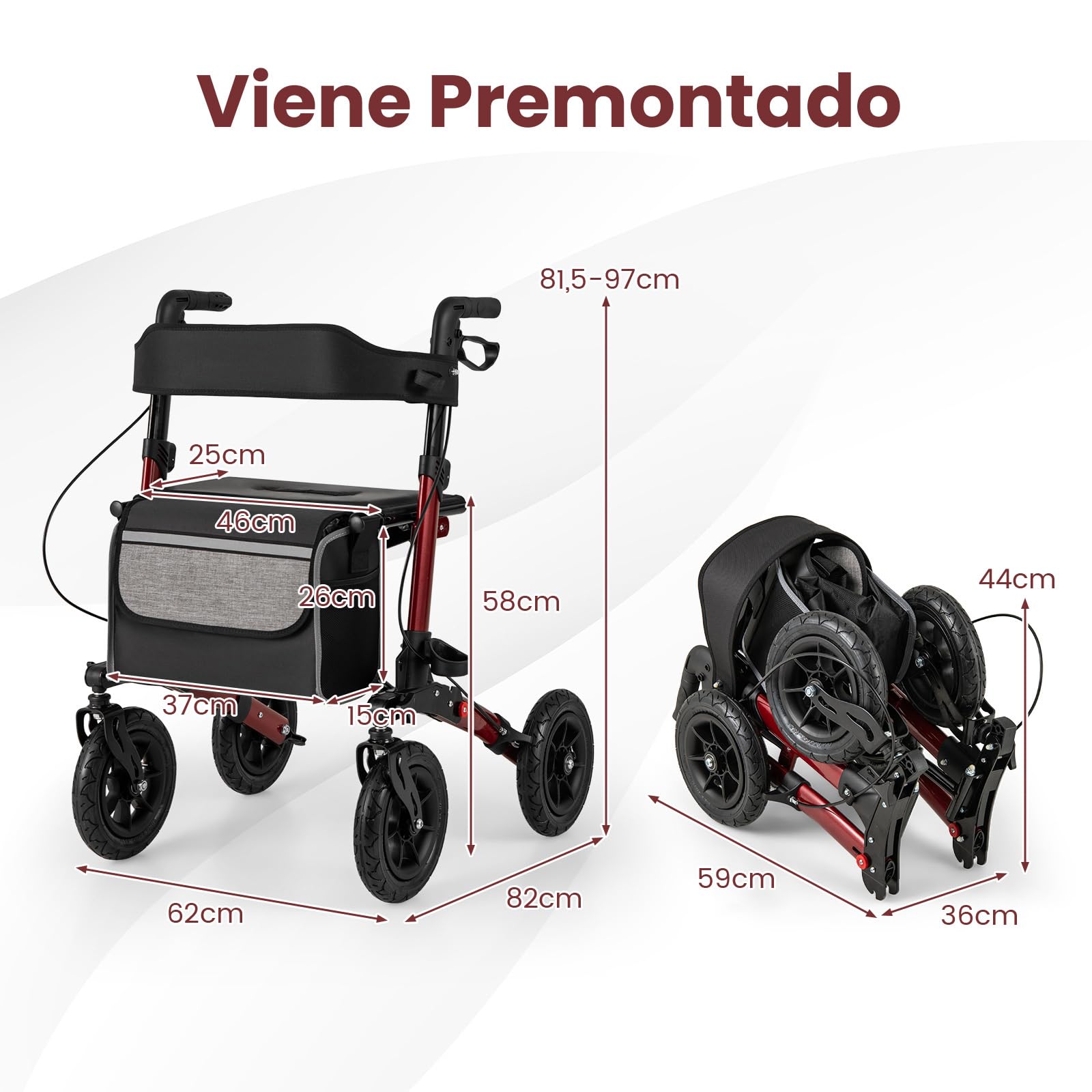 GOPLUS Andador para Ancianos de 4 Ruedas, Andadores Ancianos con Freno, Altura Ajustable, Respaldo Ergonómico, Ayuda para Caminar, Almacenaje para Personas Mayores, Carga de 140 kg (Rojo)