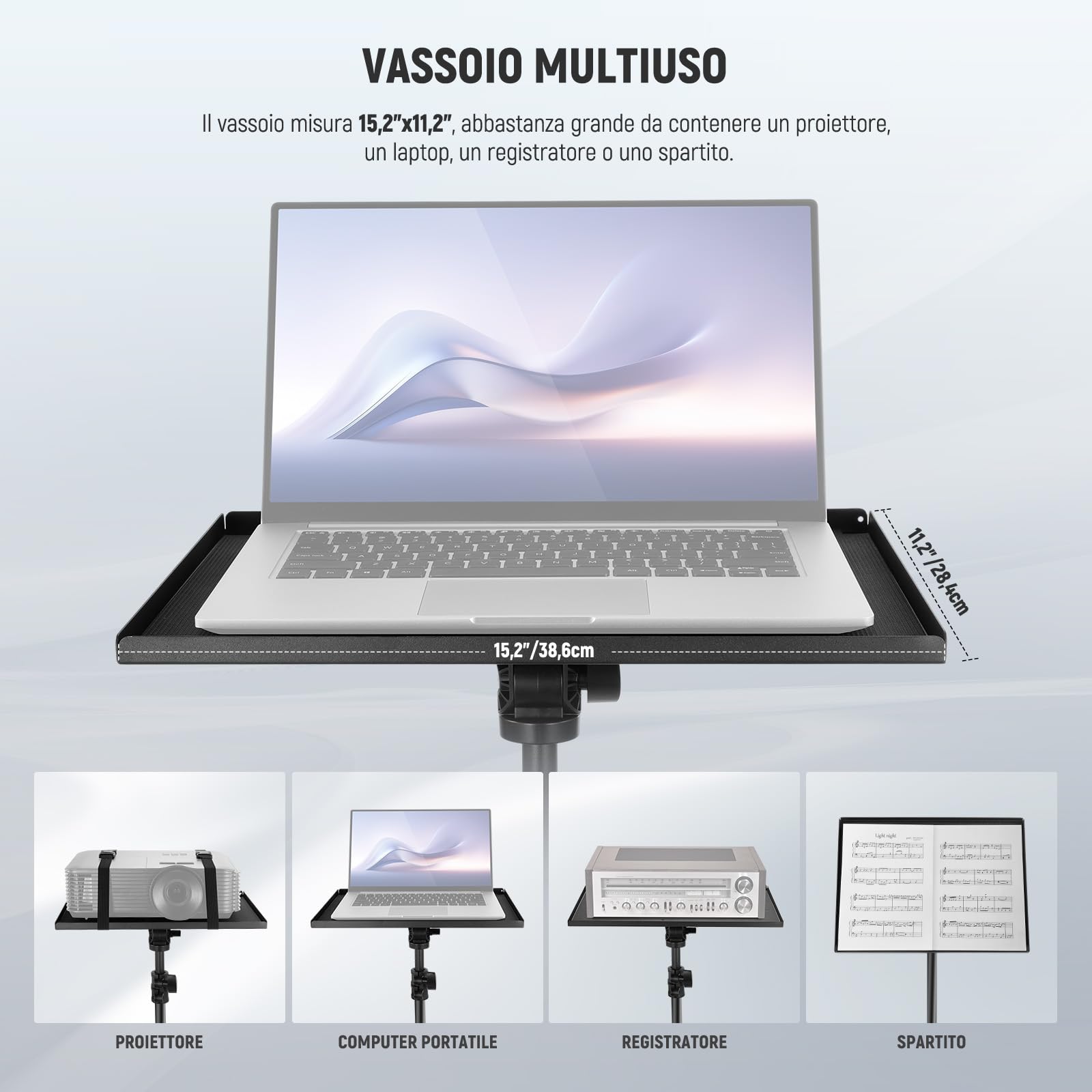 Supporto Proiettore con Vassoio Incli a 180° e Porta Telefono, Treppiede per Proiettore/Laptop Telescopico da 76-145cm, Cavalletto per Proiettore Portatile Pieghevole per Studio/Palco, Max10kg