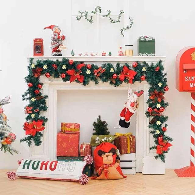RMMD® Christmas Garland with Lights 9ft Christmas Garland with Lights for Stairs Fireplaces Xmas Garland Decorations Indoor Outdoor Xmas Party Decorations