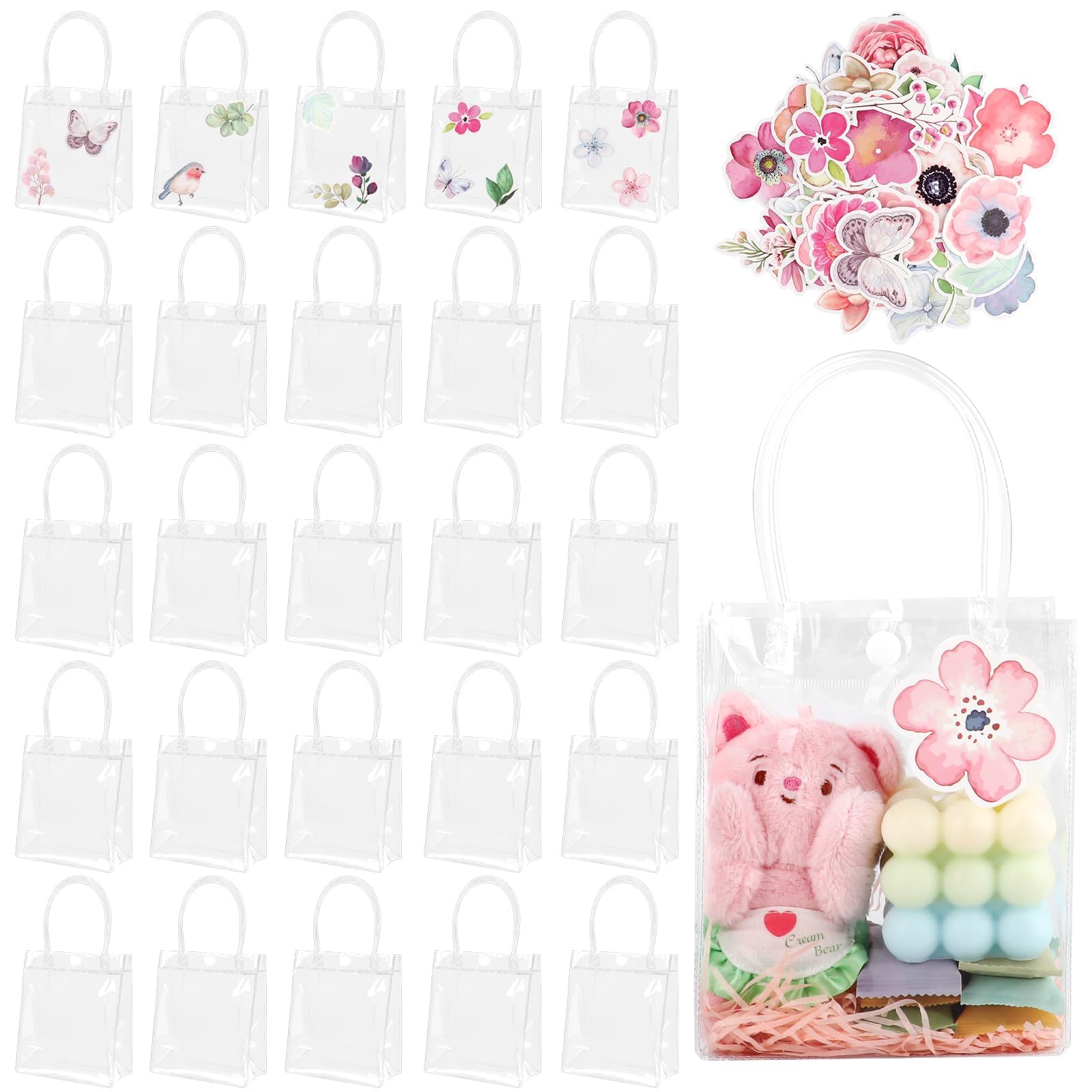 40 Pcs Clear Gift Bags with Handles and Flower Bird Stickers,15.5 x 13 x 7 cm Reusable PVC Tote Bags Transparent Wrap Bag for Shopping Goodies Boutique Wedding Birthday Baby Shower Party Favor