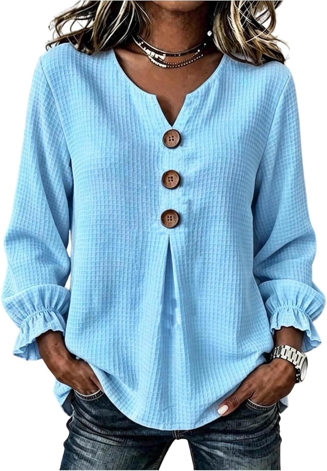 Women's Fall Waffle Knit Tops Long Sleeve V Neck Ruffle Blouses | Soft Comfy Breathable Shirts, Loose Fit Spring Solid Color Clothes, Casual Trendy Basic Tee, Button Work Vacation Outfits