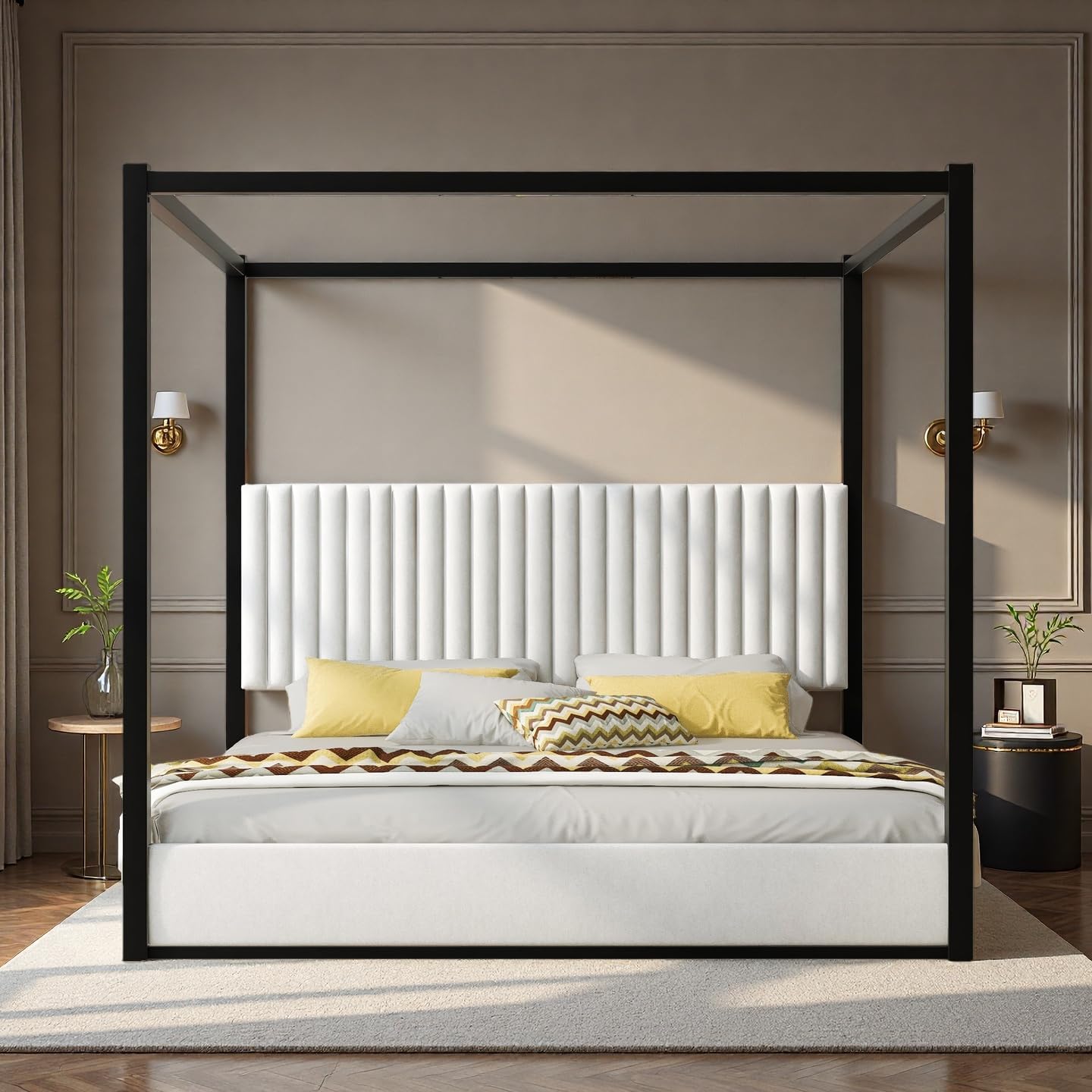 King Size Canopy Bed with Tall Velvet Headboard, Metal
