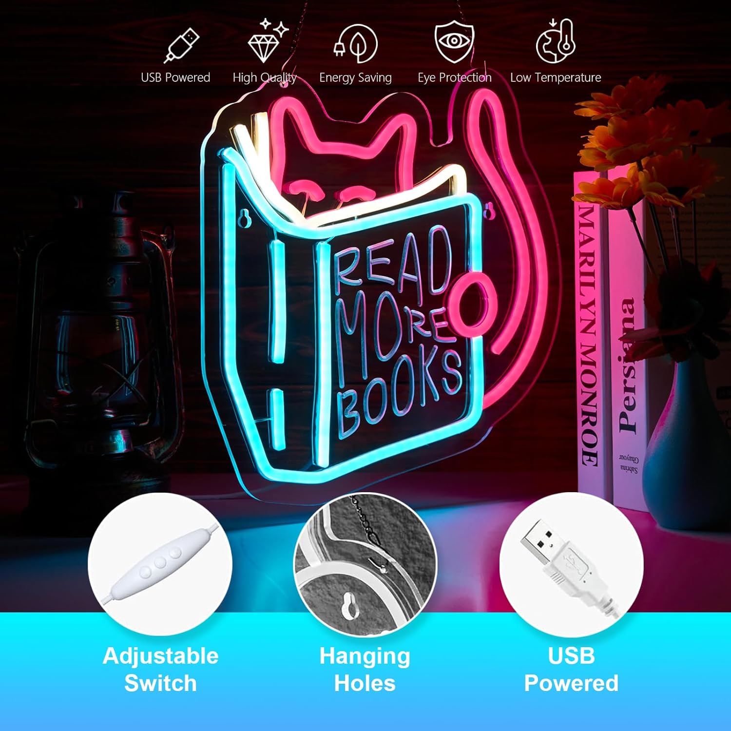Read More Books Neon Sign Read Books and Be Kind Neon Signs for Wall Decor Cute Animal Reading USB Dimmable LED Lights for Student Suitable for Classroom Bookstore Library Museum Study Room Gift for Teen Boys Girls Christmas - Image 3