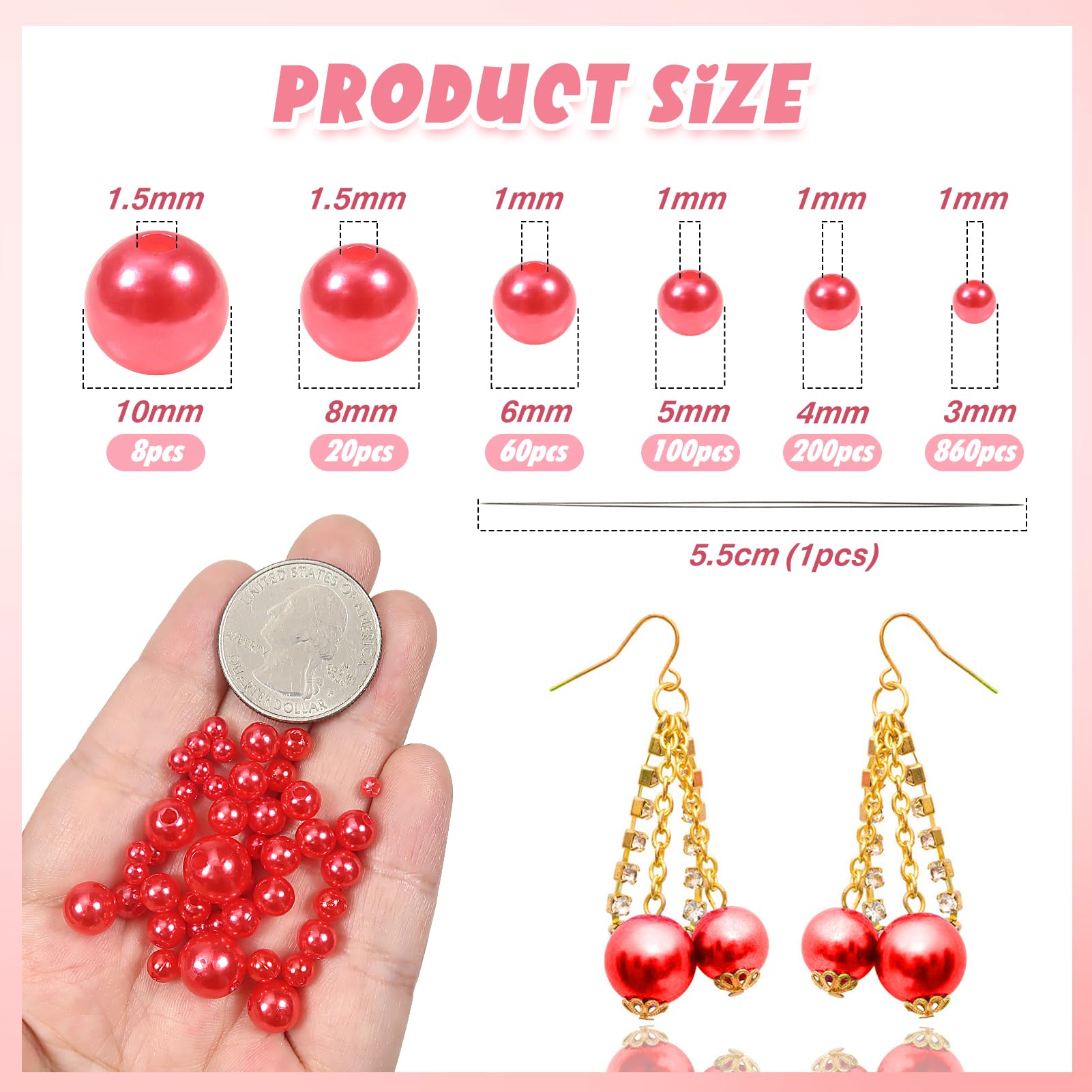 TOAOB 1248pcs Pearl Beads Red Round Loose Imitation Pearls Acrylic Beads 3mm 4mm 5mm 6mm 8mm 10mm for Craft Decoration Jewellery Making - Image 2