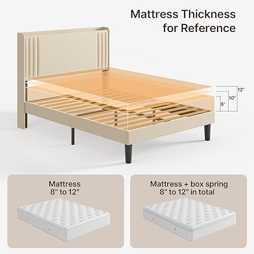 Miniatura 74 de Gizoon Base de cama Queen con cabecera de ala, plataforma tapizada con cabecera geométrica moderna, listones de madera, sin ruido, no necesita