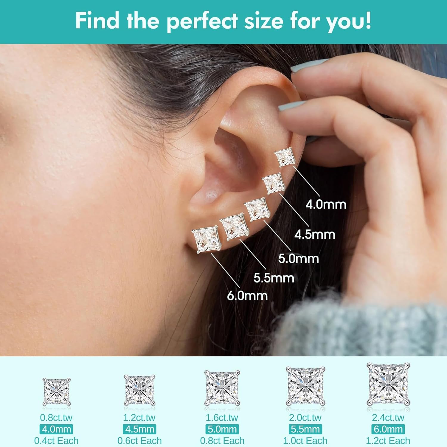 Princess Cut Moissanite Stud Earrings, Lab-Created Diamonds, 0.8-2.4ct D Color, VVS1 Clarity, Hypoallergenic, White Gold-Plated 925 Sterling Silver, Anniversary Birthday for Women Men - Image 5