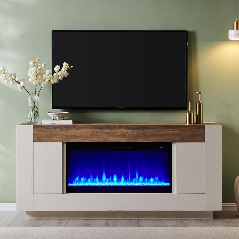 OKD 70" Fireplace TV Stand for 80" TV, Thick Block Media Console, White image 3