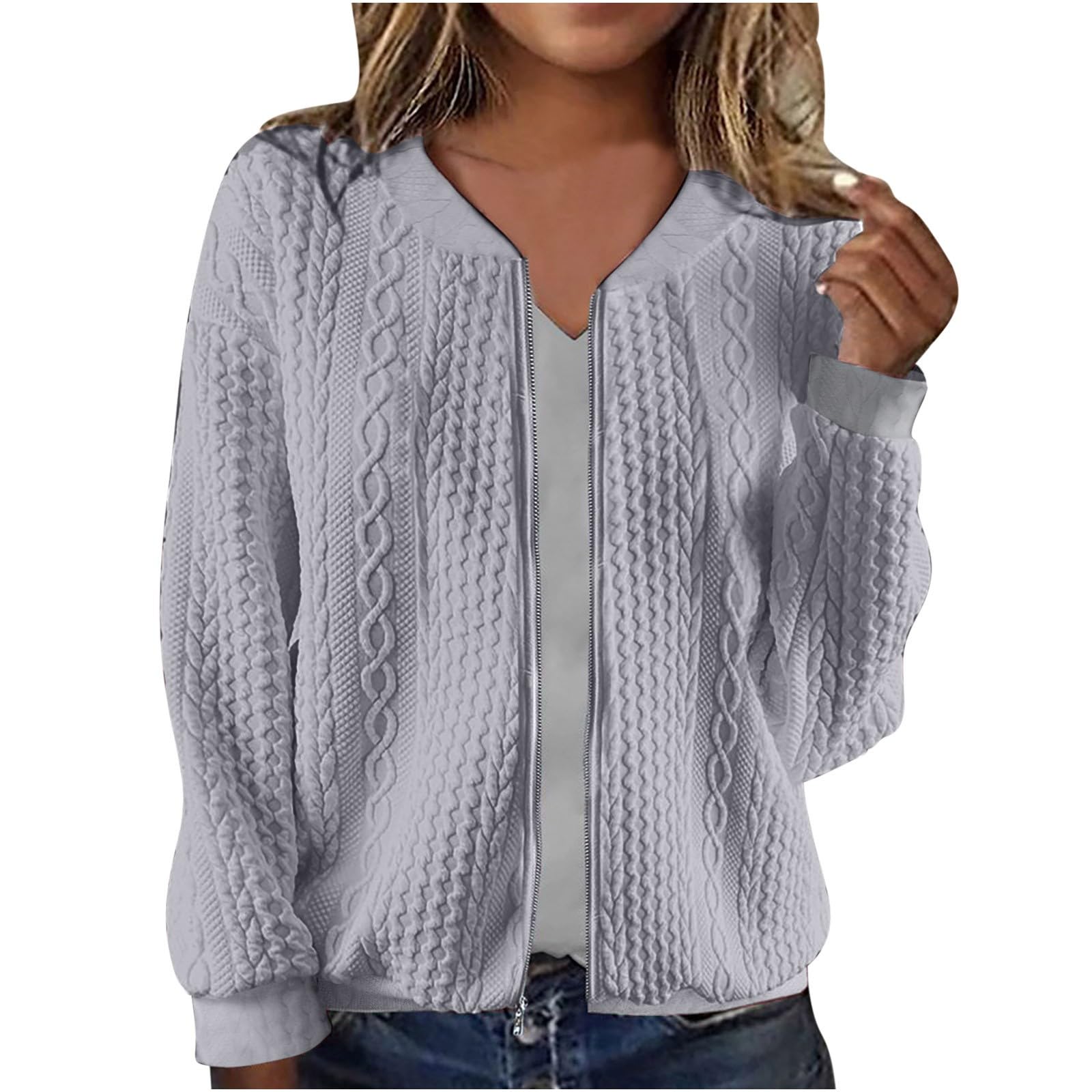 Zip Up Sweatshirt Women Cable Knit Long Sleeve Cardigan Open Front Casual Loose Sweater Outerwear with Pockets