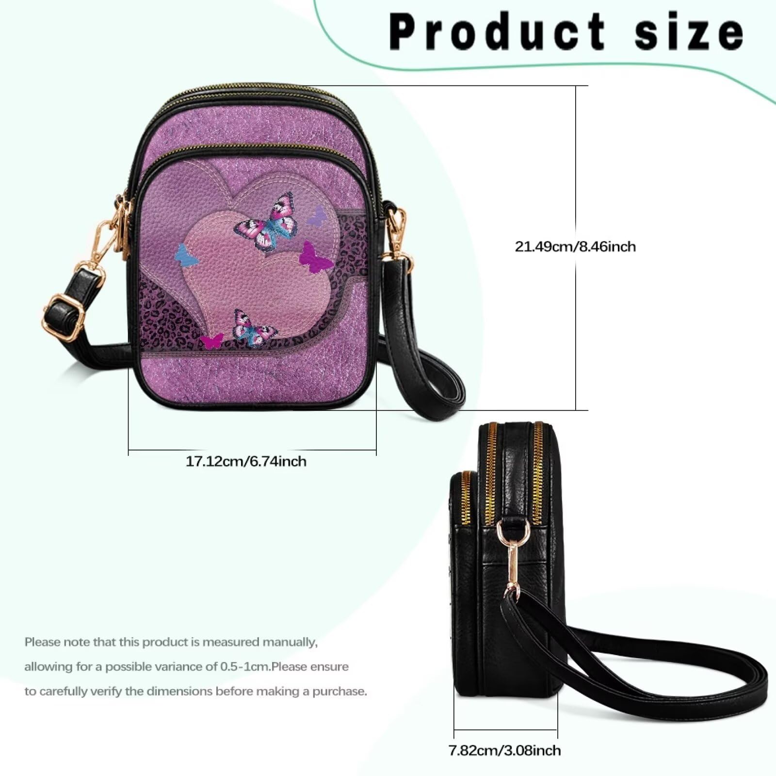 Fioletowe serce skórzane torby crossbody dla kobiet motyl lampart tornister torby warstwowa torebka do przechowywania dla kobiet crossbody, mała torba na telefon, niezbędna do pracy