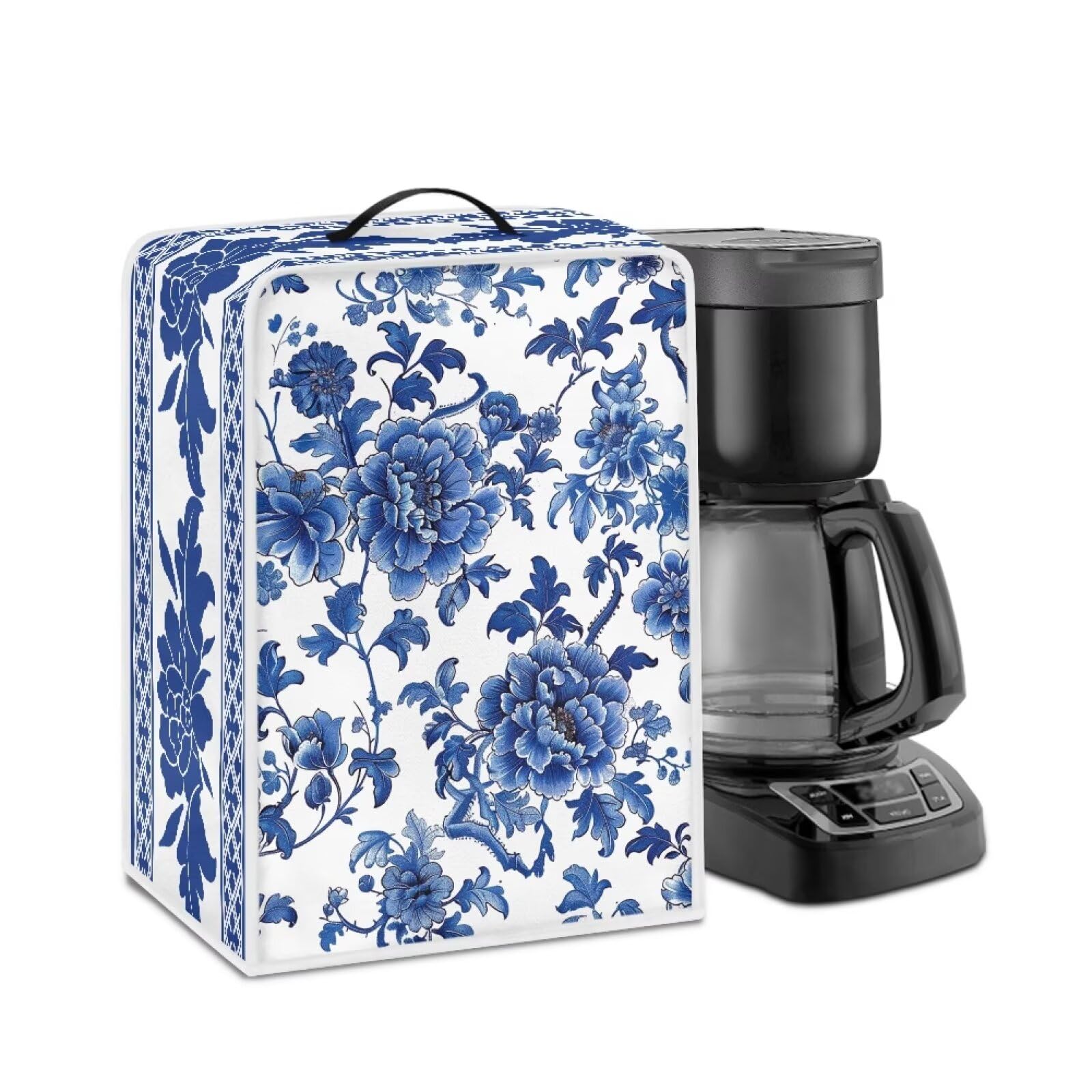 Coffee Maker Cover – Dust Protection Stain Resistant Washable Appliance Cover Kitchen Decoration Gifts For Coffee Lovers Blue White Floral Pattern