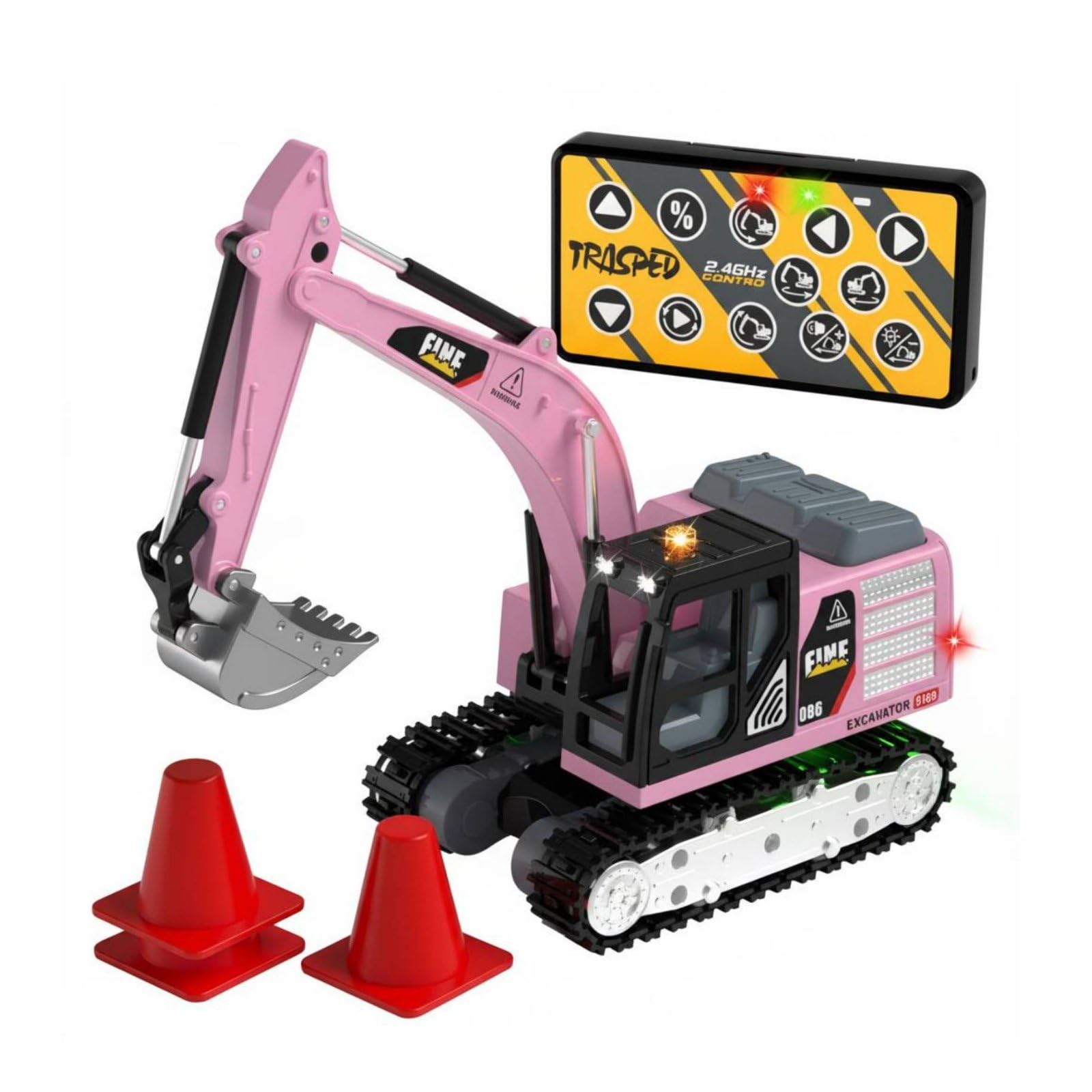 Gralara Mini Escavatore RC Ricarica USB Escavatore Radiocomandato velocità Regolabile Bulldozer Telecomandata con Luci per Bambini, Rosa
