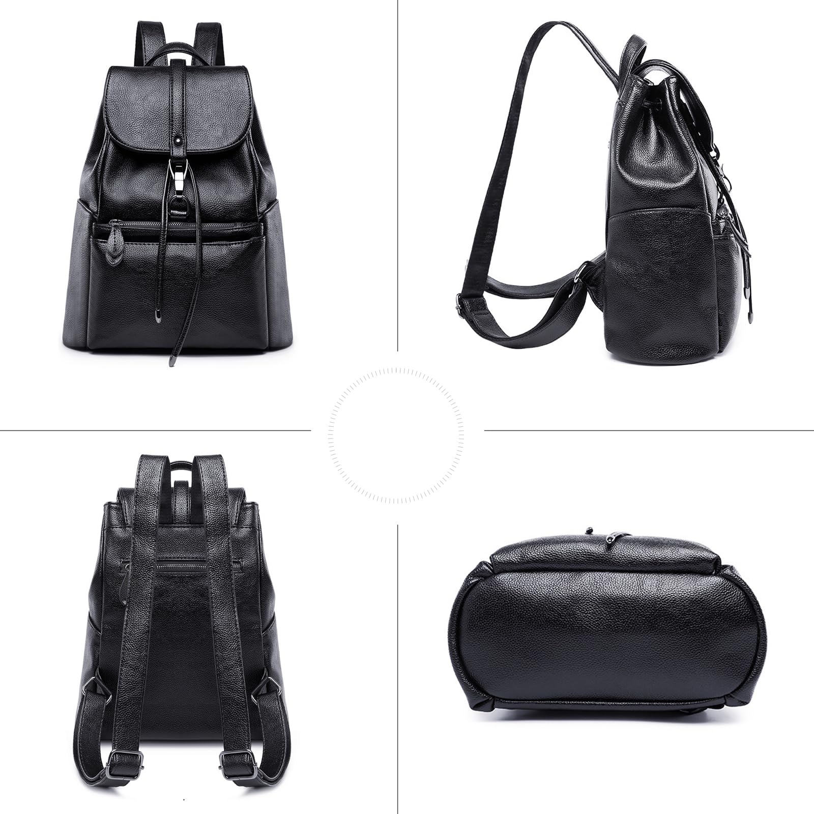 Damen Rucksack PU Leder Elegant Wasserdicht Anti-Diebstahl Große Kapazität für Freizeit Arbeit Schule Reise Schwarz