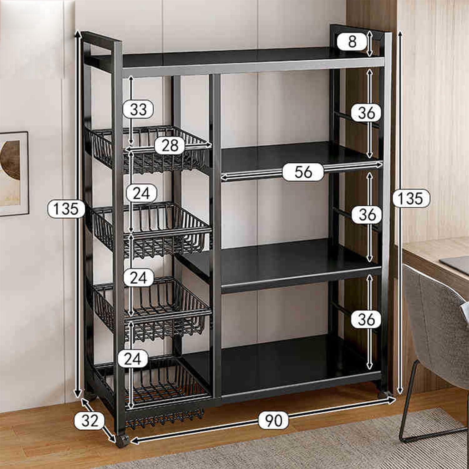 Un Etagère de Stockage en Métal Robuste et Durable Avec 4 Couches et 4 Paniers en Maille, Equipé de Rouleaux et de Hauteur Réglable de 5 Centimètres, Adapté Cuisines (noir, 36x12.6x53in/90x32x135cm)