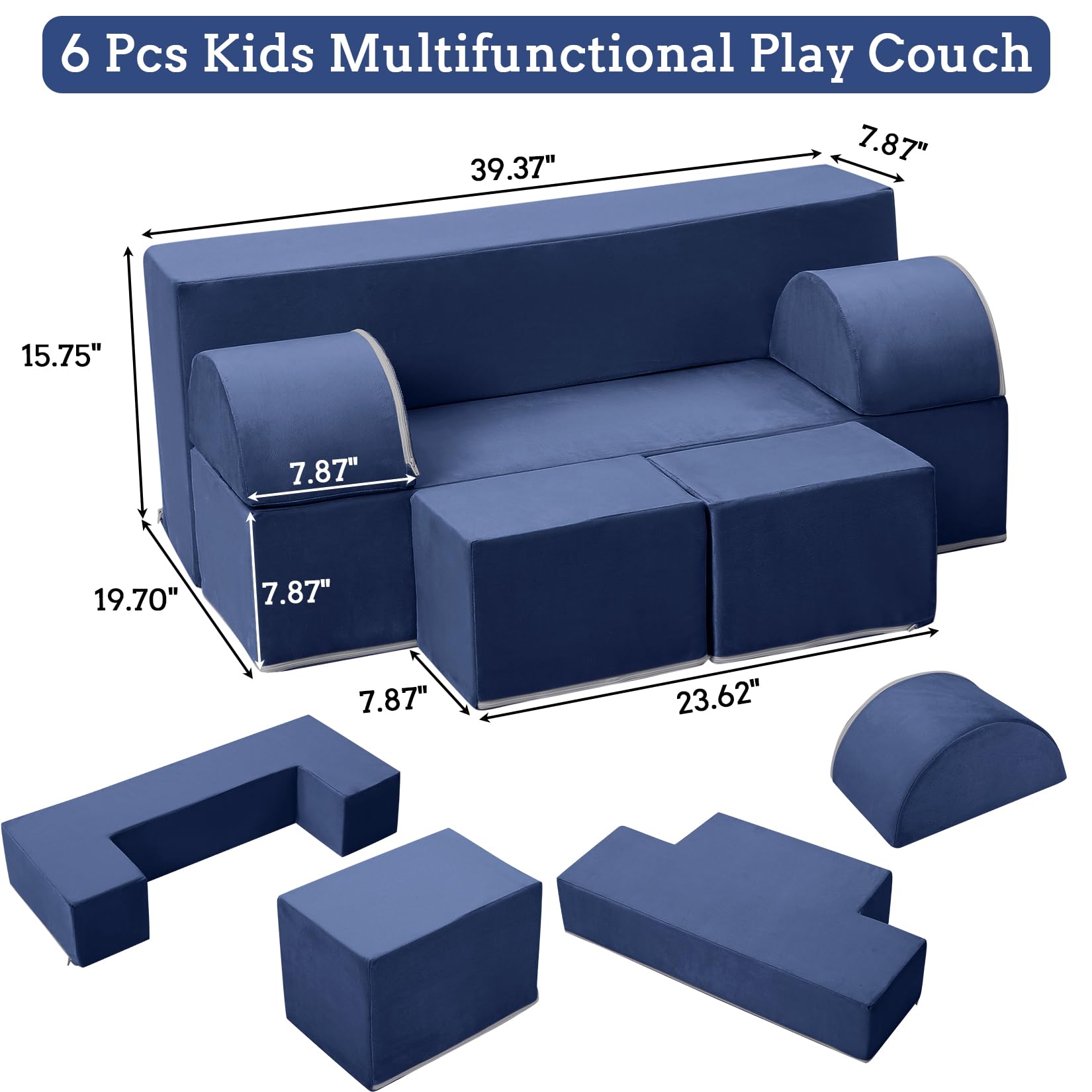 Sofá Modular para Niños de 6 Piezas, con Piezas Semicirculares para Montaje, Azul, para Habitación Infantil, Sala de Juegos y Dormitorio, 100 x 40 cm
