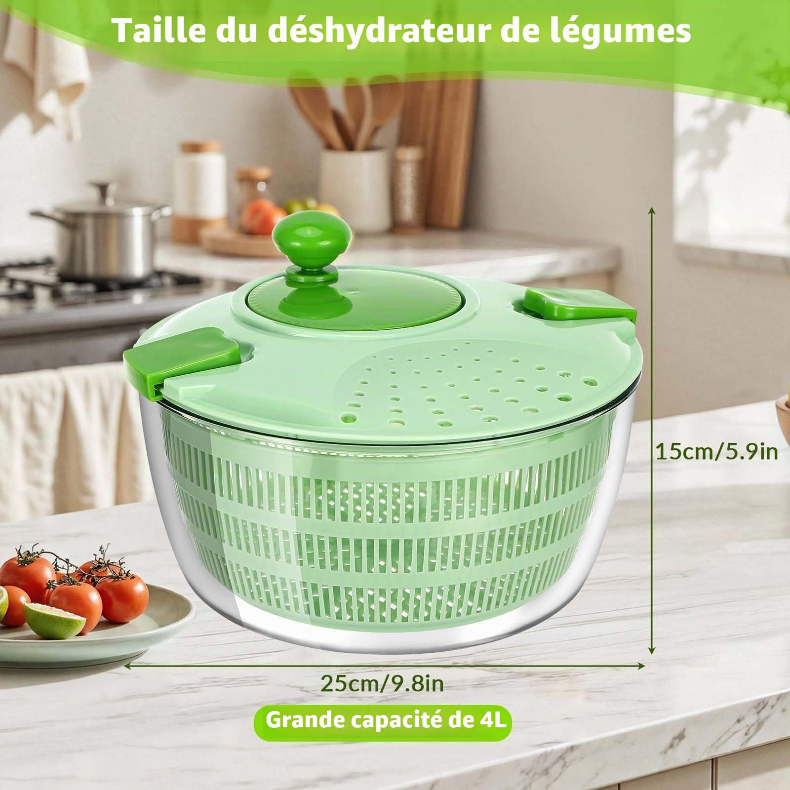 Essoreuse à Salade, 4 litres, ø 25 cm, sans BPA | Essorage de Salade, Plastique de Haute qualité, Essoreuse Salade avec couvercle et bec verseur pour Laver