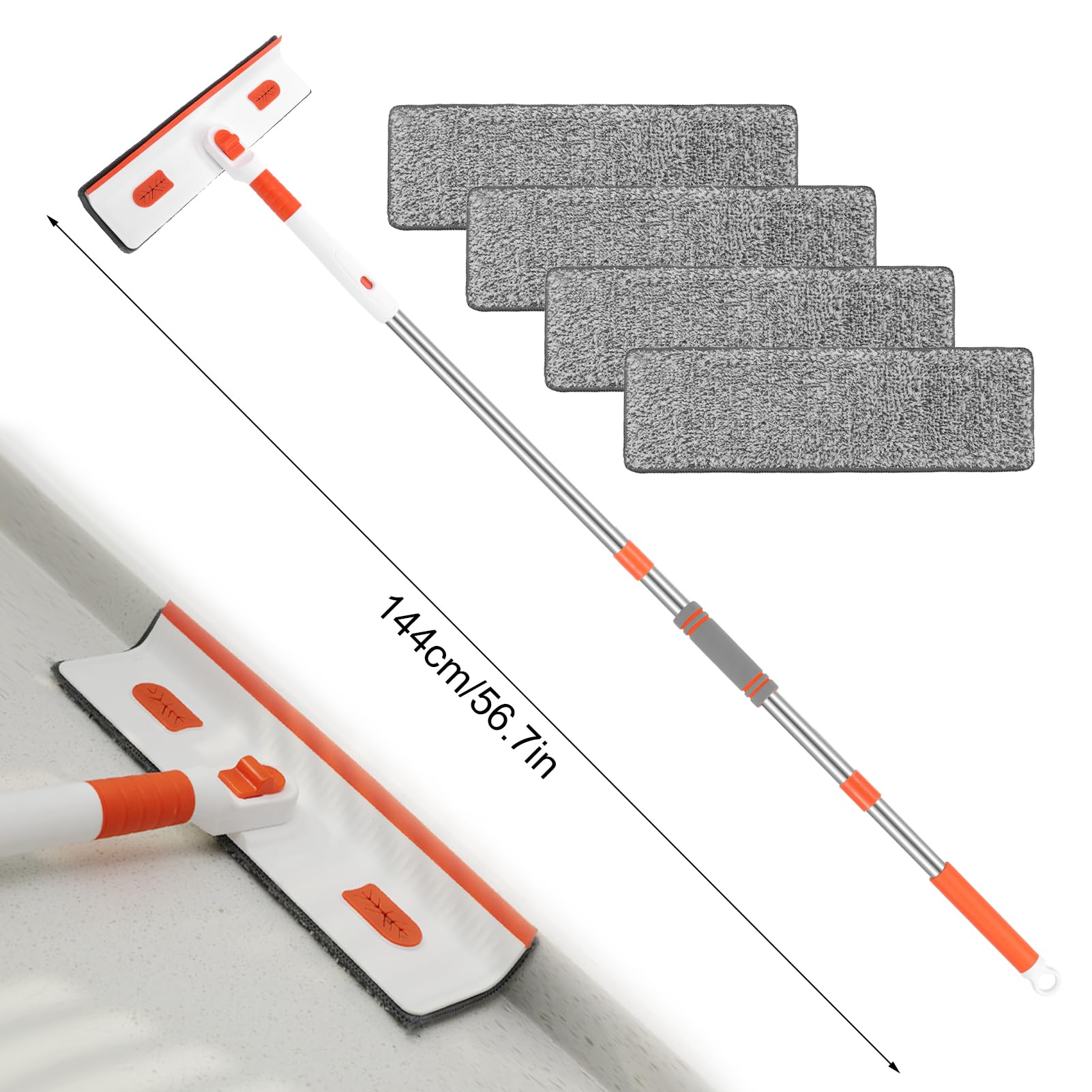 Mopa de pared con mango largo, herramienta de limpieza de vidrio para ventanas de techo, fregona de limpieza de pared con mango retráctil con 4 paños de repuesto de fibra reutilizables