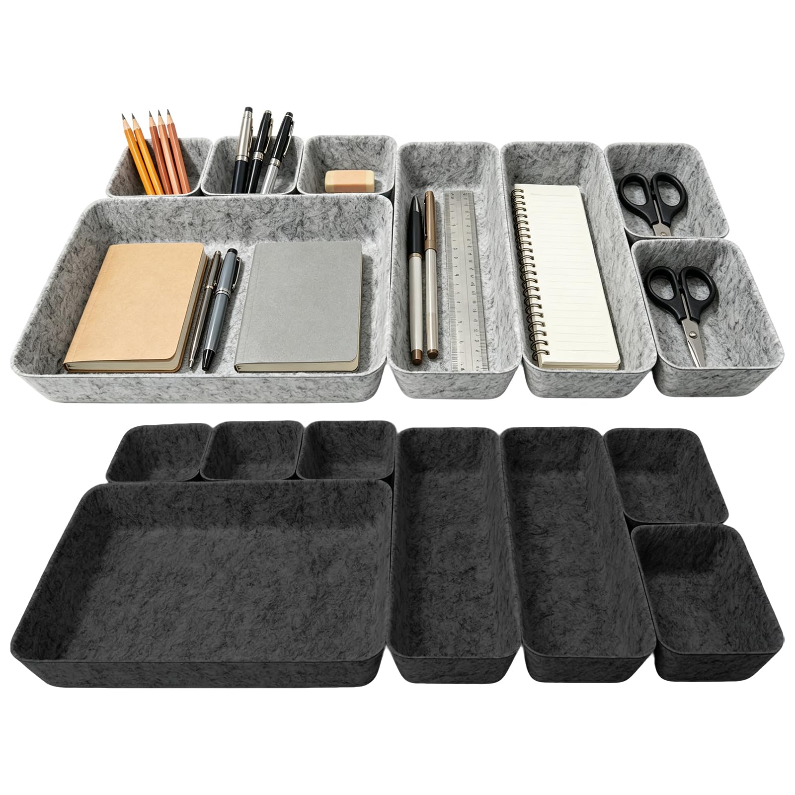 HUILATE 16Pcs Felt Drawer Organiser Trays Set, Desk & Office Drawer Organiser with 4 Sizes, Stackable Drawers Dividers for Desk Vanity Bathroom Home Office