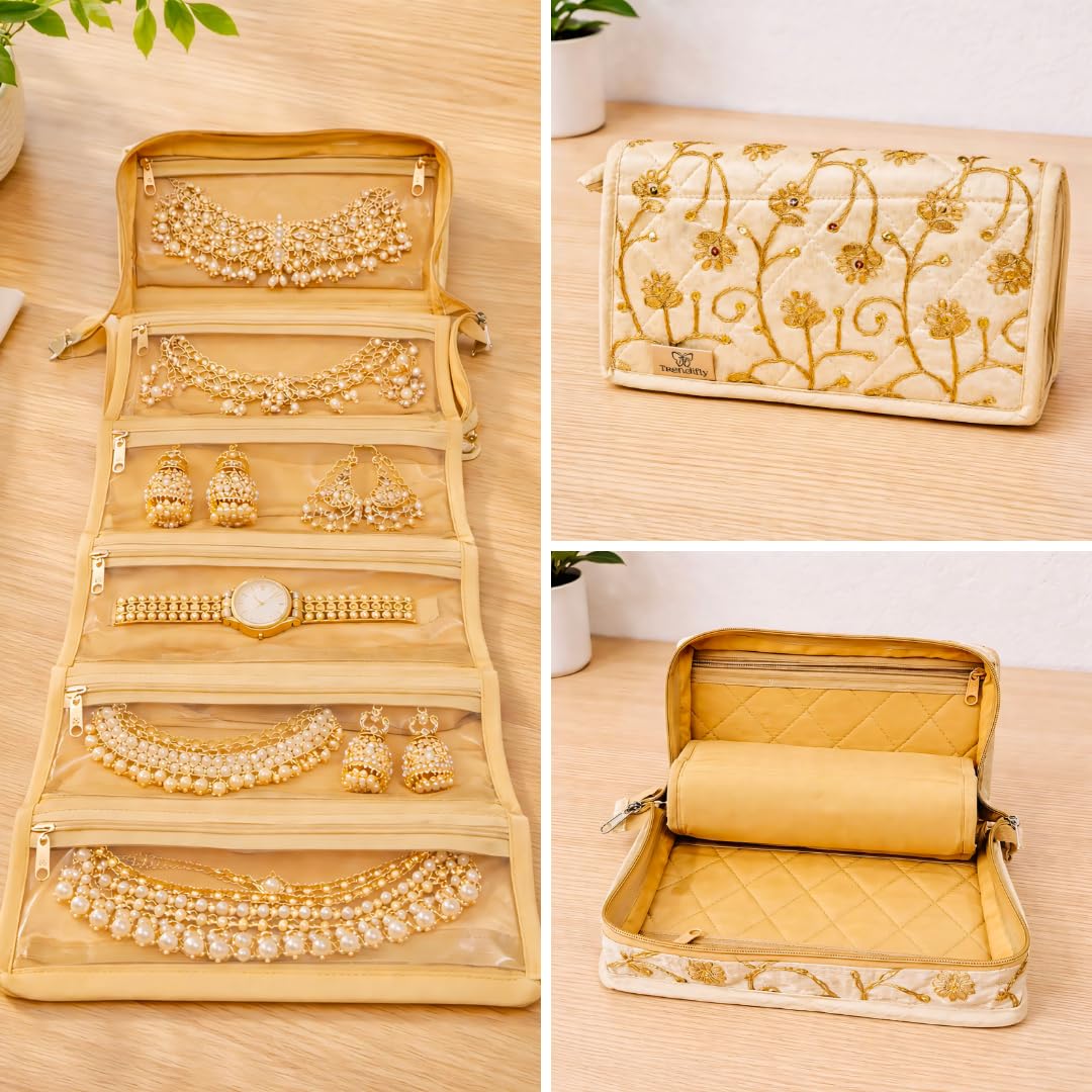 Trendifly Embroidery Sling Jewellery Organiser Storage Bag Pouch for Women & Girls | Bank Locker Jewelry Organizer | Earring Necklace Bangles Organiser for Travel & Gifting (Cream)
