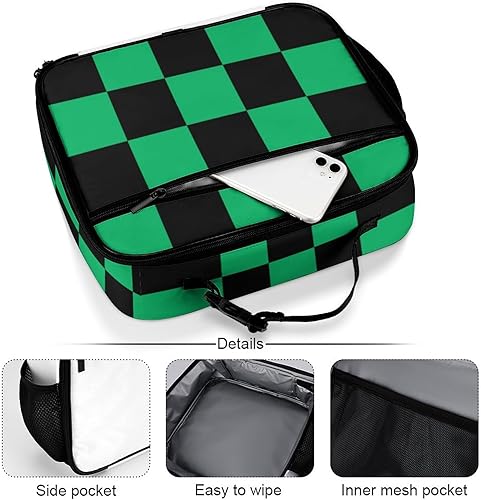 Miniatura 5 de Lonchera reutilizable a cuadros negros y verdes, bolsa térmica con aislamiento, lonchera para comida y comida, bolsa de mano para mujeres, niños,