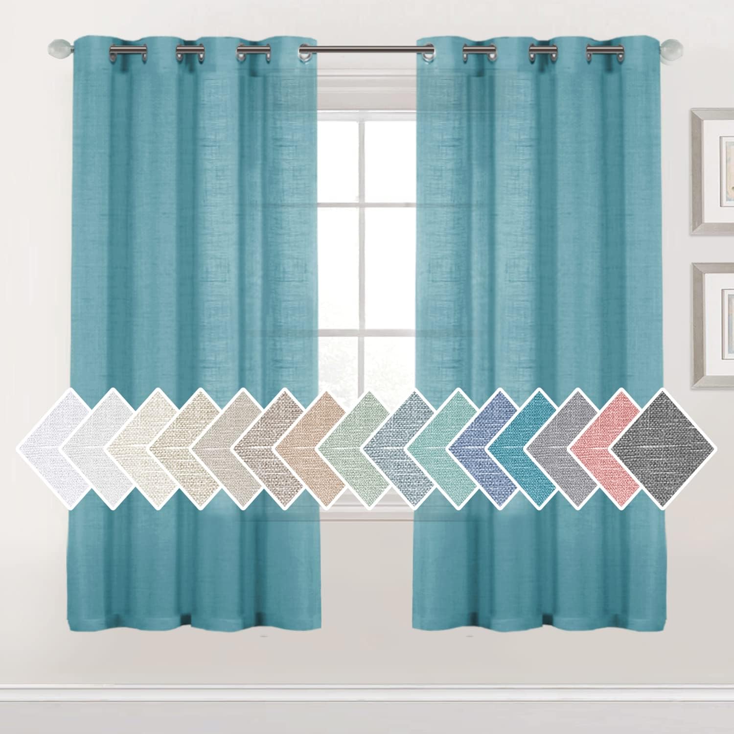 H.VERSAILTEX Linen Sheer Curtains 72 Inches Long Semi Sheer Curtains - Privacy Added Silver Grommet Linen Curtain Panels for Living Room/Bedroom Light Filtering Curtains (2 Panels, Turquoise) 52"W x 72"L (Pack of 2) Turquoise