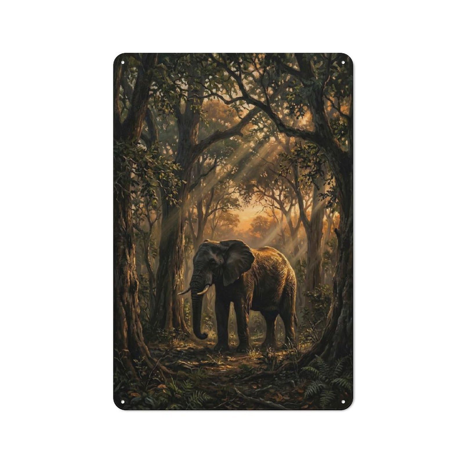 Junmoney Style-2 Kitchen Metal Sign With Elephant In A Sunlit Forest Design 30X20cm, Cosy Kitchen Wall Decor For Coffee Bar, Kitchen, Bistro Or Tea Corner