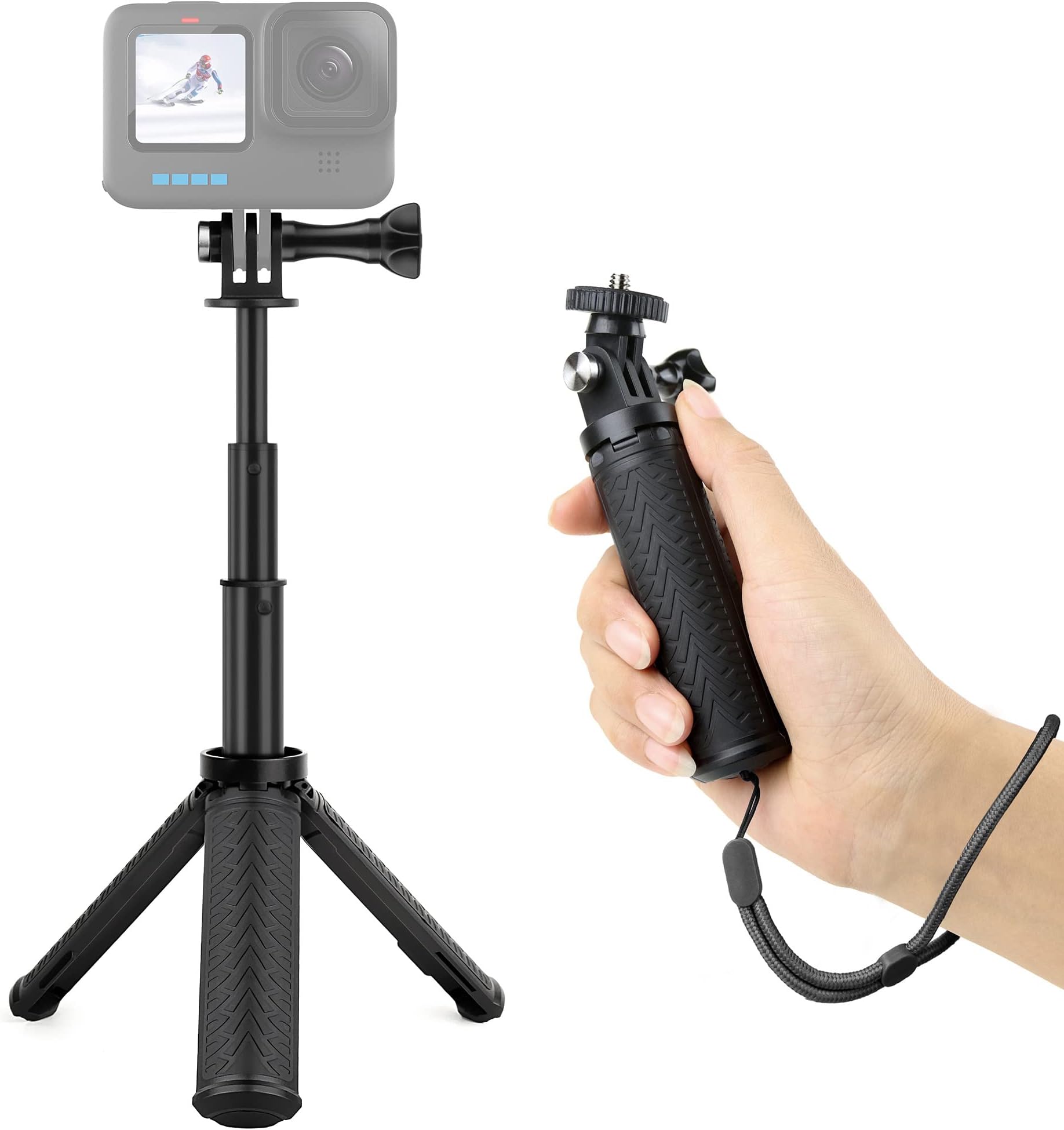 – GEPULY Mini Hand Grip Selfie Stick Tripod Stand for GoPro Hero 12 11 10 9 8 7 6 5 4 3 2,Fusion, Max,Insta360,AKASO, SJCAM,DJI OSMO Action Camera&Phones(3-in-1: Handle,Selfie Stick,Tripod Stand)