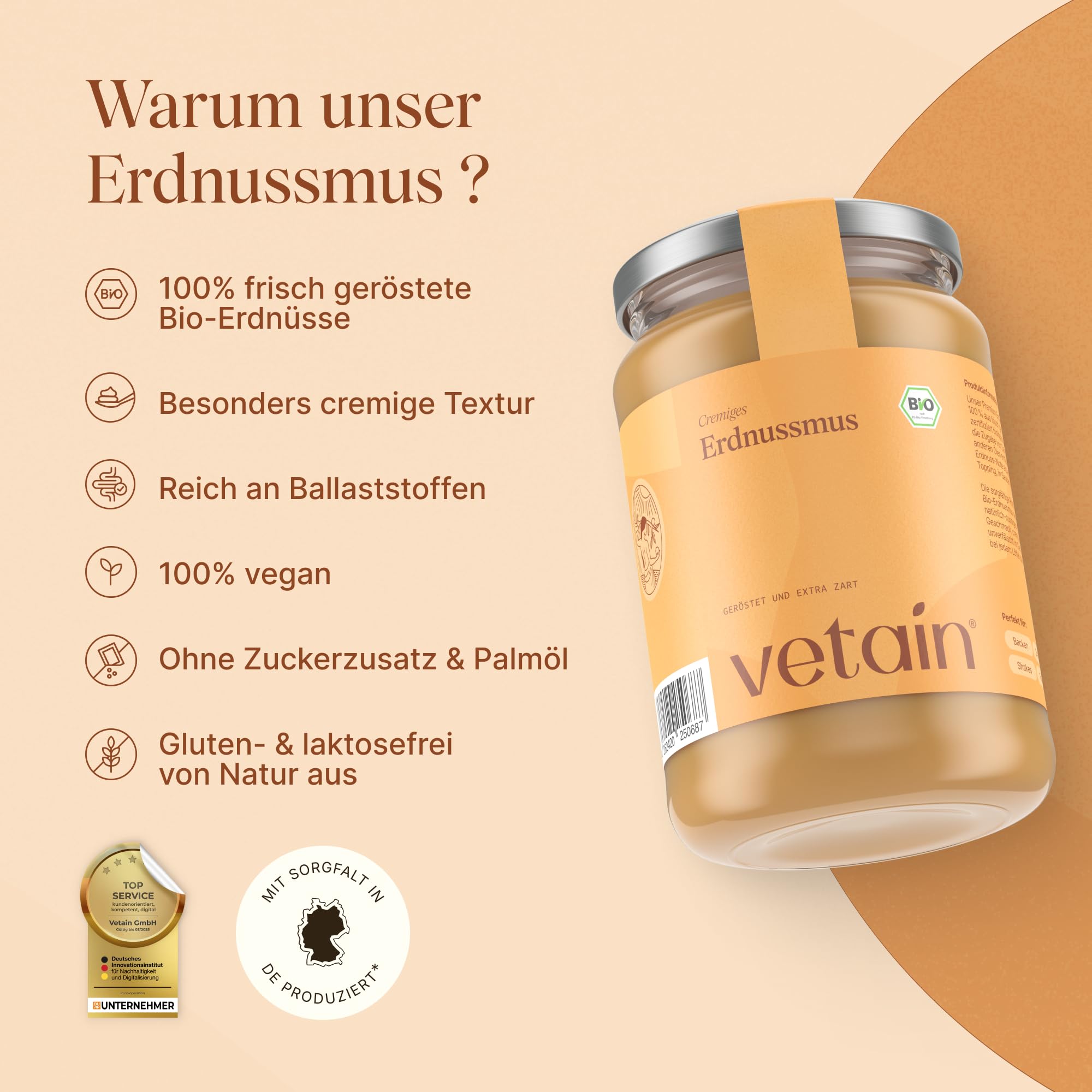 VETAIN Bio Erdnussmus Cremig - 100% Bio-Erdnüsse - Vegane Erdnussbutter - Reich an Protein & Ballastoffen - Ohne Zucker & Palmöl - Perfekt als Topping für Müsli, Porridge (3 x 500g)