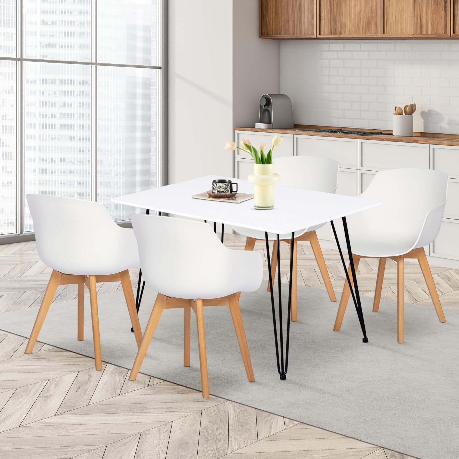 Set di 4 Poltrone e Sedie da Pranzo dal Design Moderno, 4 Sedie da Cucina Scandinave con Legno di Faggio - Bianco