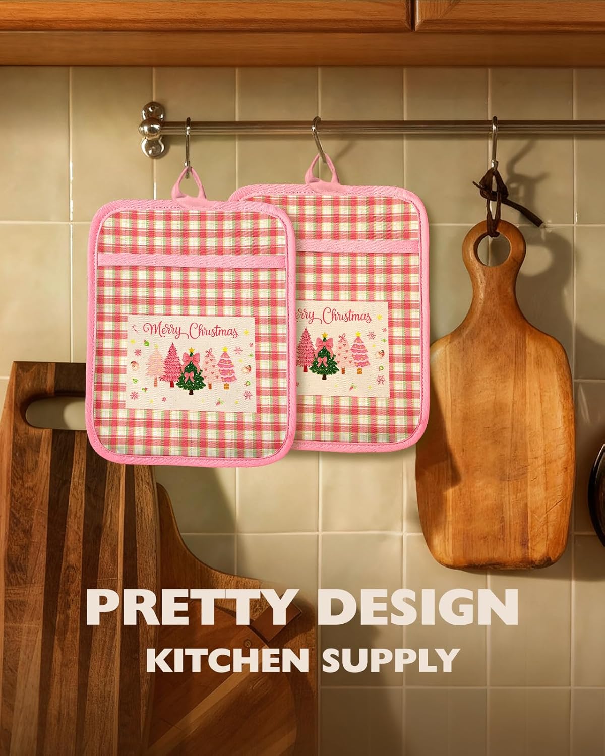 Slohif Silcone Christmas Pot Holders for Kitchen - 100% Cotton Pink Cute Oven Potholders with Pockets, Heat Resistant Square Thick Hot Pads, House New Home Baking Baker Gifts,2pack