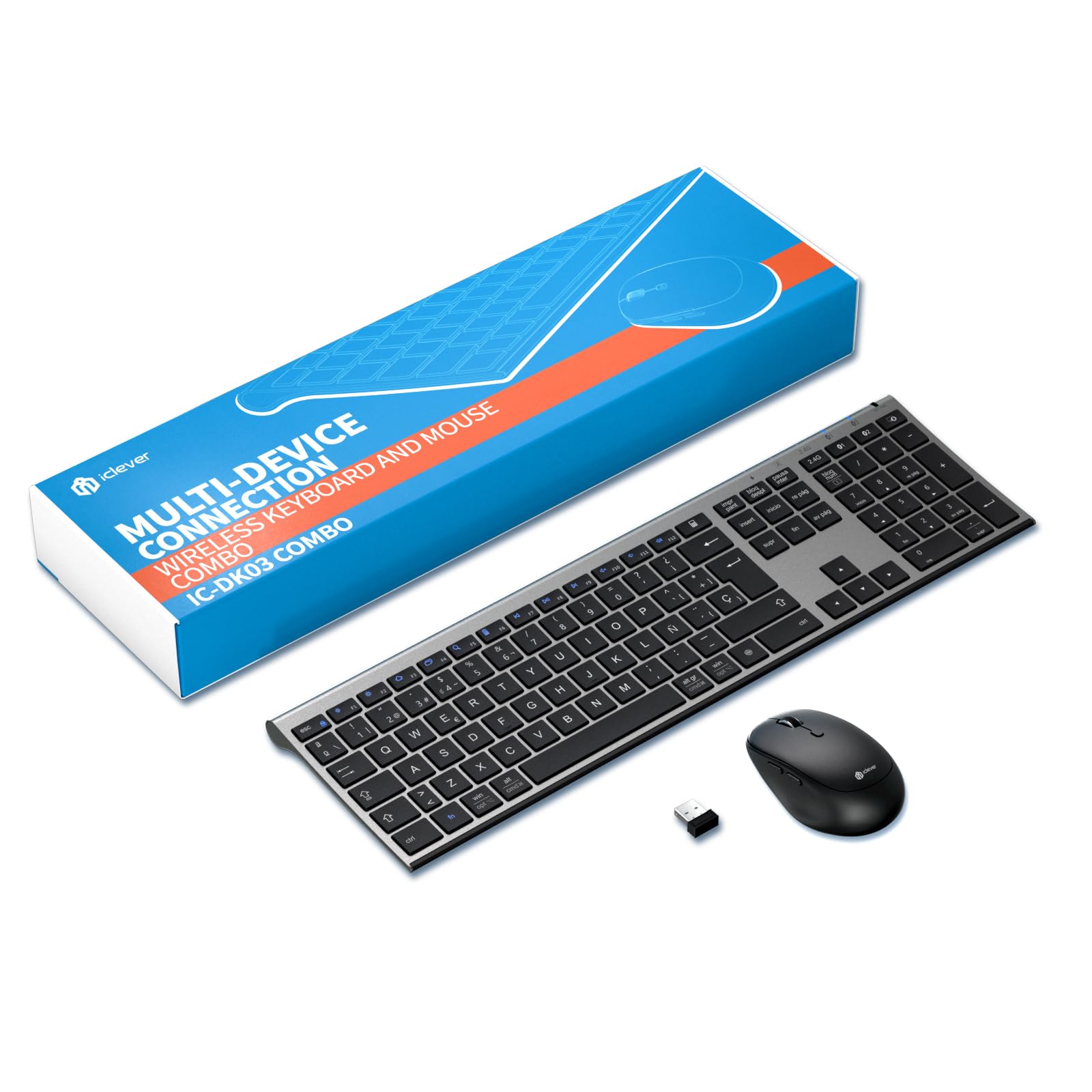 iClever Bluetooth/2.4G Teclado y Ratón DK03-QWERTY Español Teclado Ratón Inalámbrico, Recargable, Multidispositivo, Ergonómico, Tamaño Completo, Delgado para Mac, iPad, Apple, Android, Win