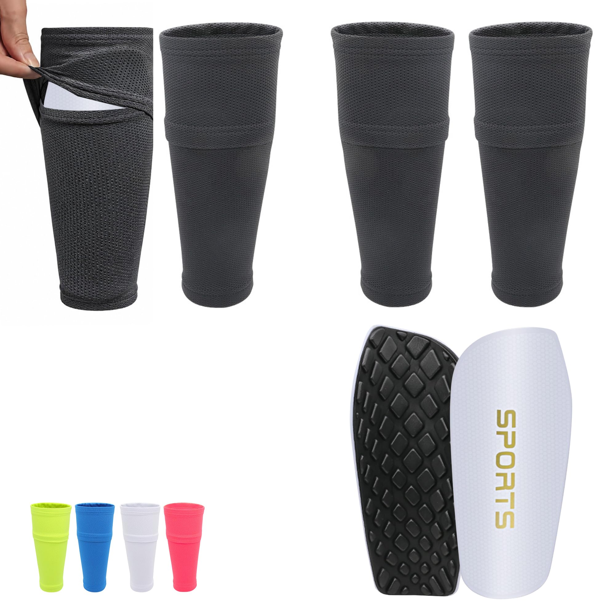 2 Pairs Shin Pad Sleeves with 1 Pair Insertable Football Shin Pads