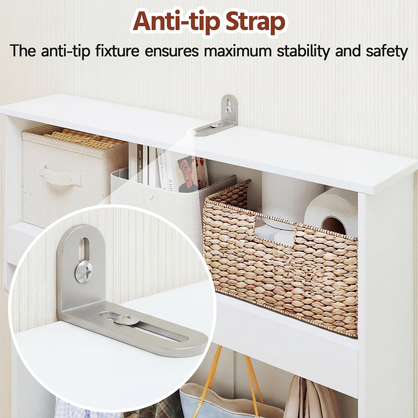 HAUSPROFI Flurgarderobe mit Sitzbank platzsparend 100×40×170 cm, 4 Haken + verstellbare Böden, stabile Spanplatte-MDF, graues Leinenkissen, für Diele, Flur & Wohnzimmer (Weiß)