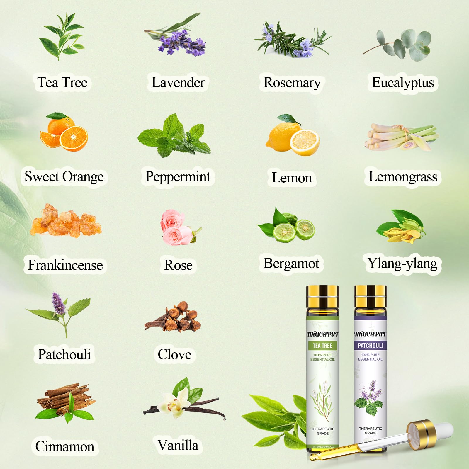 Migcaput Ätherische Öle Set 16X10ml, Naturrein Essential Oils, Aromatherapie Duftöle für Diffuser Luftbefeuchter Kerzen Seifen - Weihrauch, Teebaum, Zitronengras, Pfefferminze, Gewürznelke