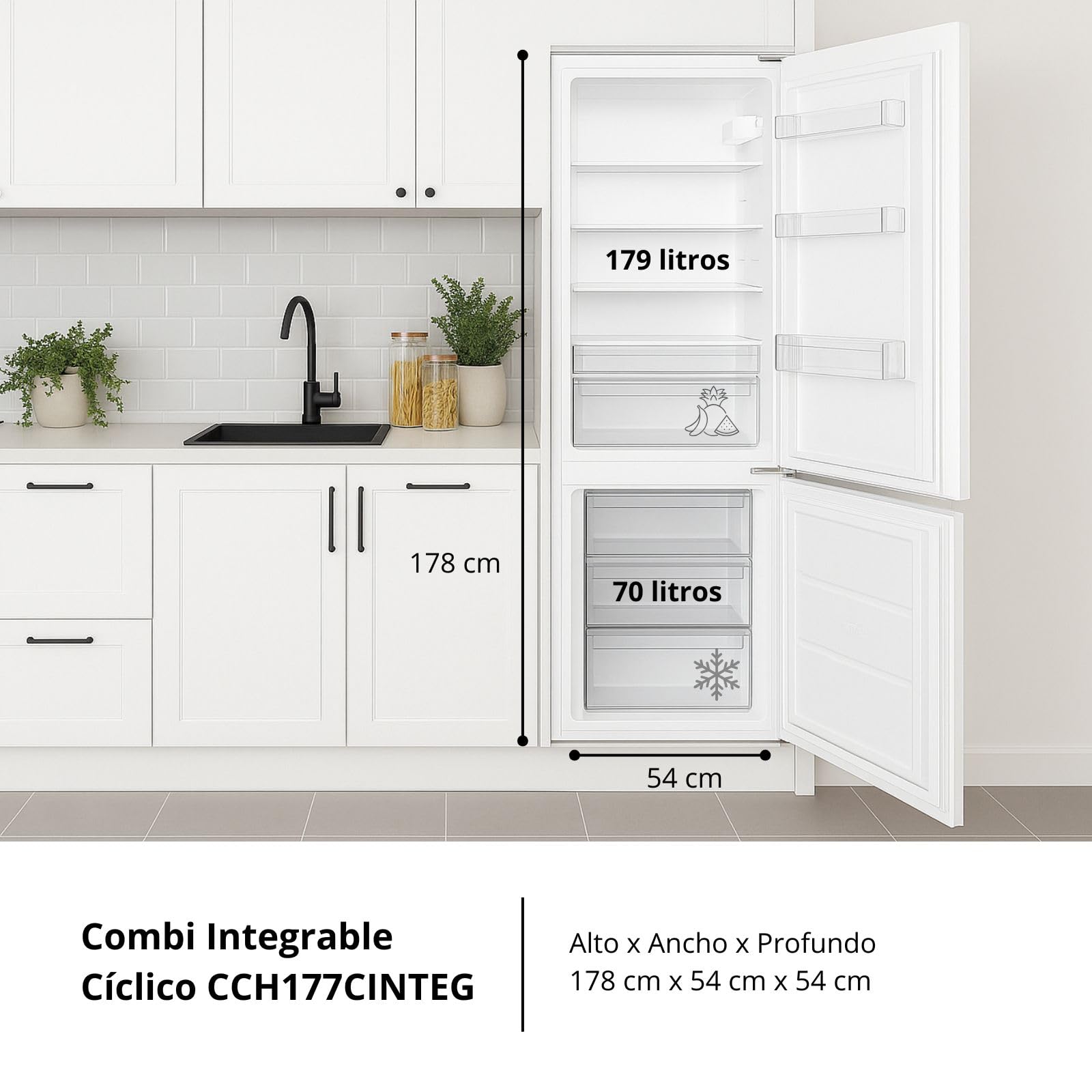 Corberó – Frigorífico Combi Integrable | CCH177CINTEG | Estático | 249L | 178 cm | Luz LED | Estantes de Cristal | Cajón Crisper | Blanco