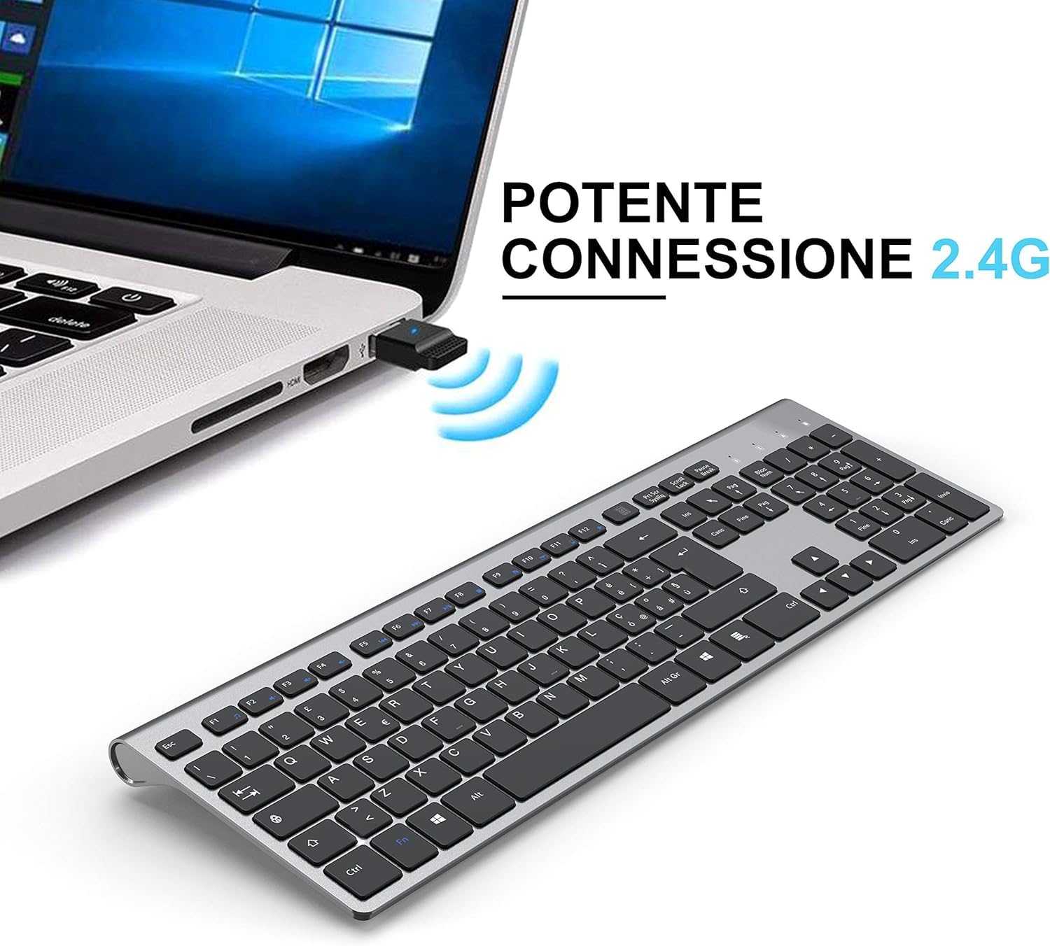 JOYACCESS Tastiera Wireless Ricaricabile, 2.4G Tastiera QWERTY Full Size, Compatta, Ergonomica Tastiera per PC, Laptop, Mac e Smart TV, Compatibile per Windows 10 / XP / 7/8 / Vista