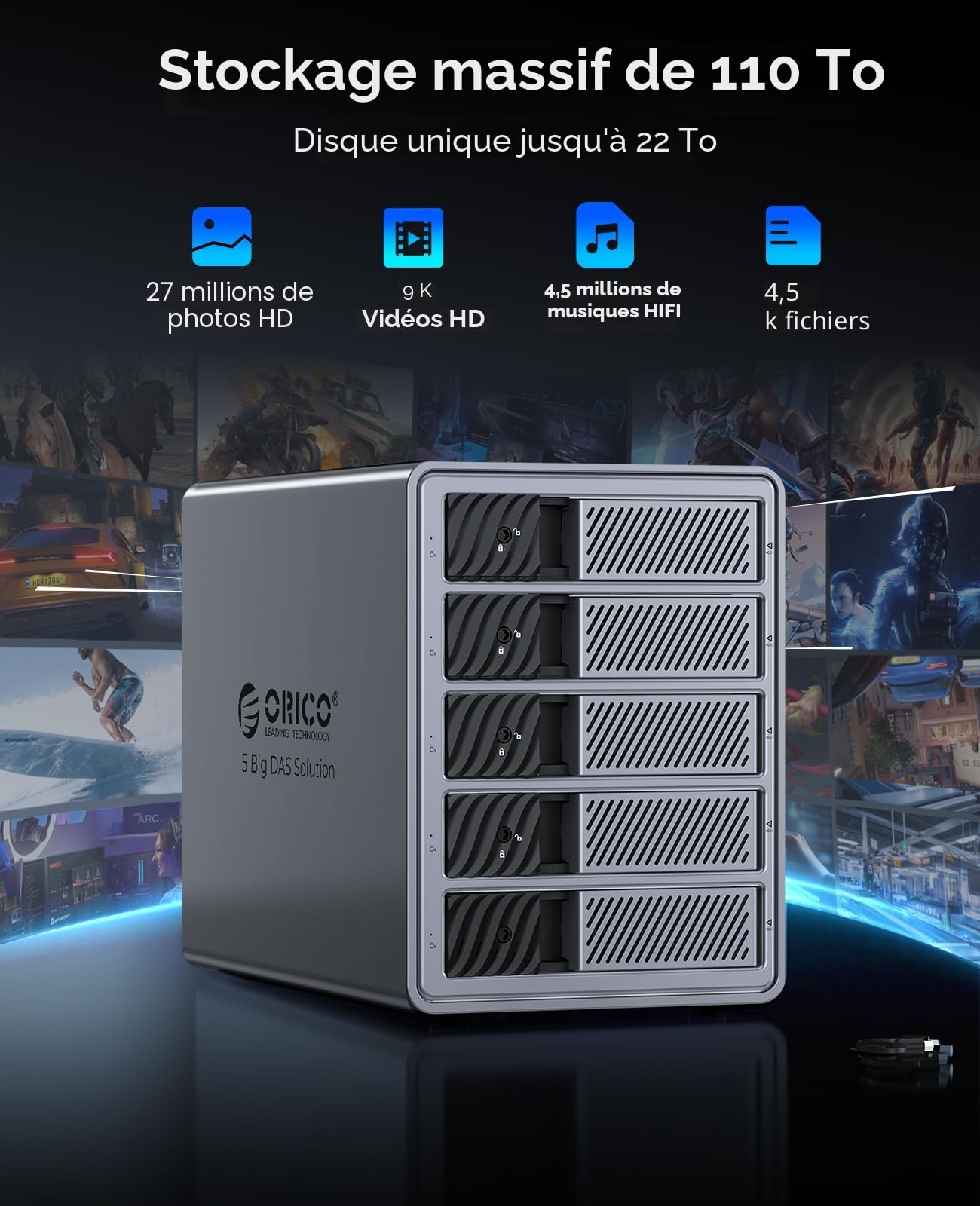 ORICO Boîtier en Aluminium pour 5 Disques Durs, USB 3.0 Station d'accueil pour Disque Dur 3,5 Pouces SATA HDD, Compatible avec MacOS et Windows (9858U3)