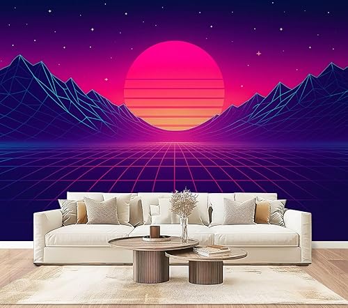 Mural de pared Peel & Stick Synthwave de los años 80, paisaje con cuadrícula azul, montañas, sol, arcade, espacio, papel tapiz autoadhesivo