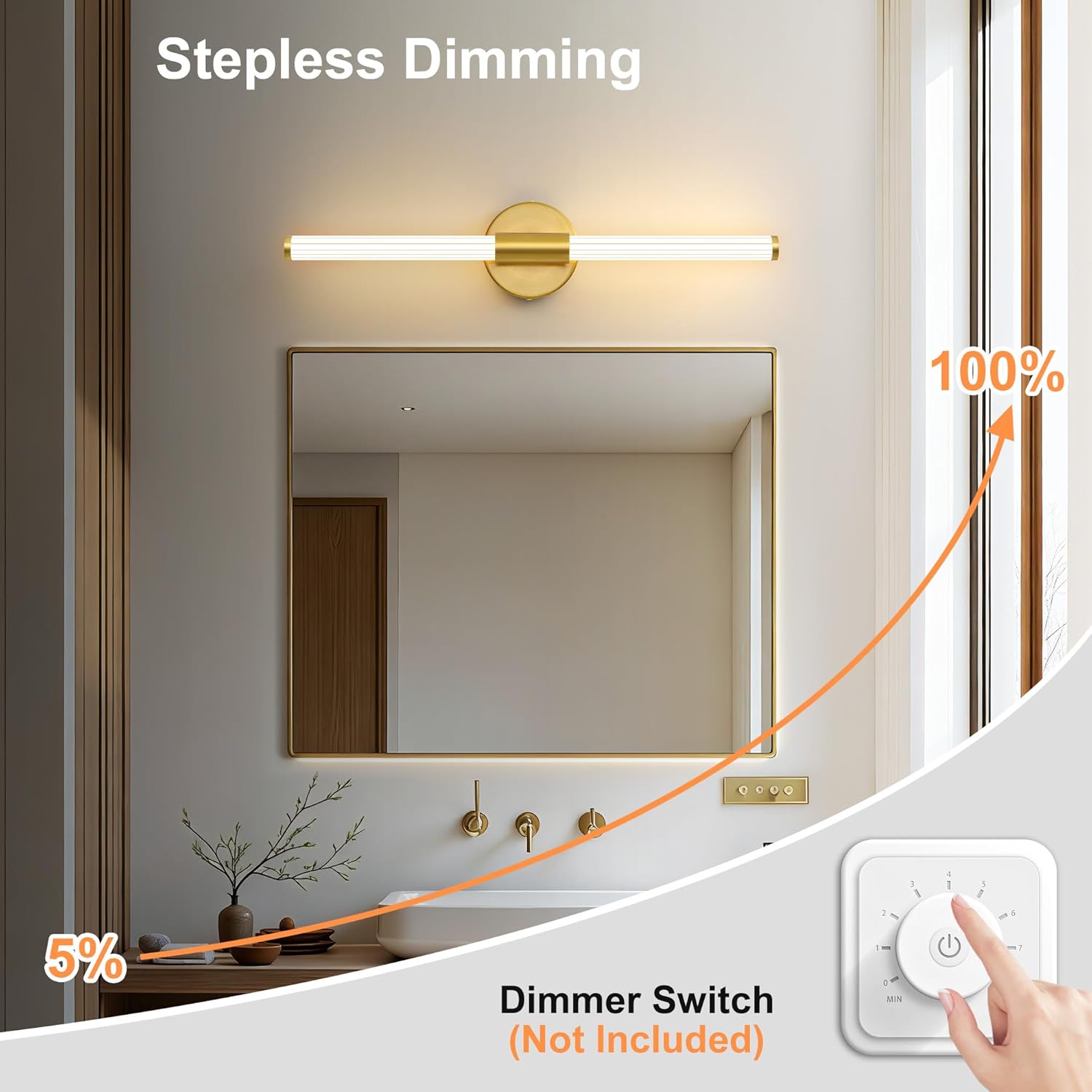 LED Bathroom Light Fixtures, Gold Vanity Lights for Bathroom, 360° Full Lighting Dimmable LED 24 inch Vanity Light Bar Over Mirror, Hardwired Modern Wall Sconce Warm White for Bedroom Living Room