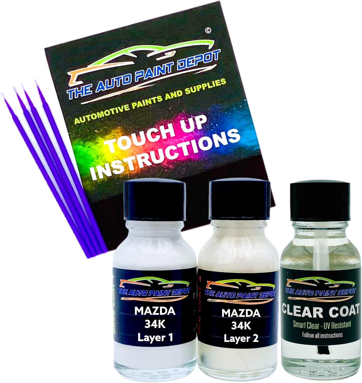 Auto Paint Depot Touch Up Paint for Mazda, White Pearl Tricoat 34K (All Years, All Models) Half Ounce with Clear Coat