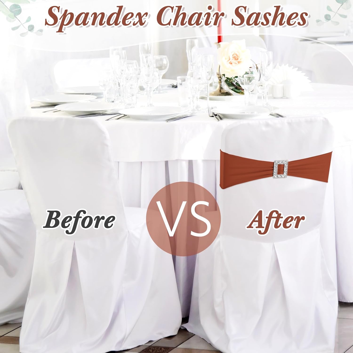 CHENGU 50 Pcs Spandex Chair Sash with Square Buckle Slider, Rust Red