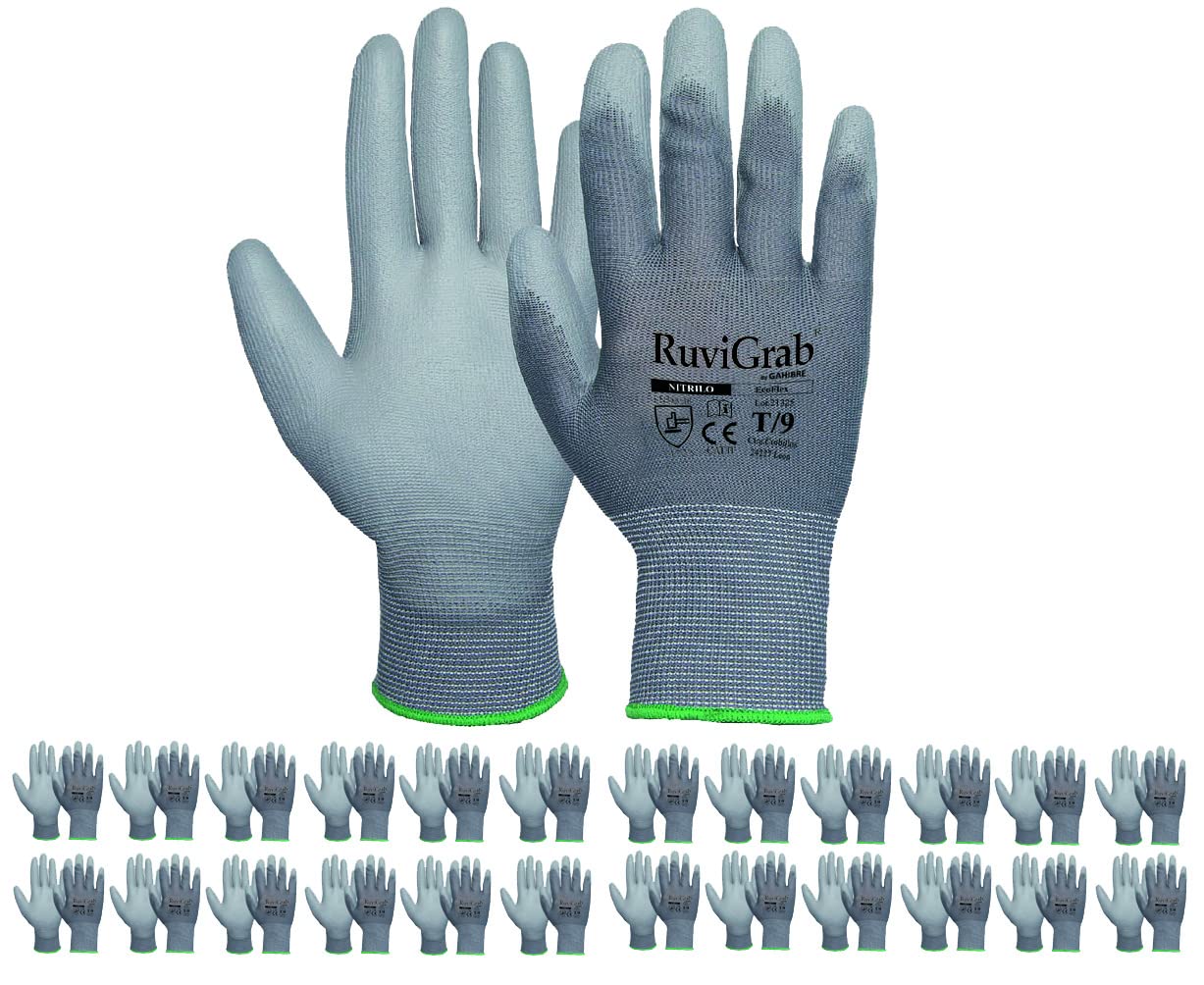 Ruvigrab - Pack 12 pares - Guante de Trabajo de Piel de Flor Natural - Guantes para Jardinería & Transpirable Poliuretano, Guantes De Trabajo Unisex Adulto, Gris (Grey), Talla 9-24 Pares Paquete De