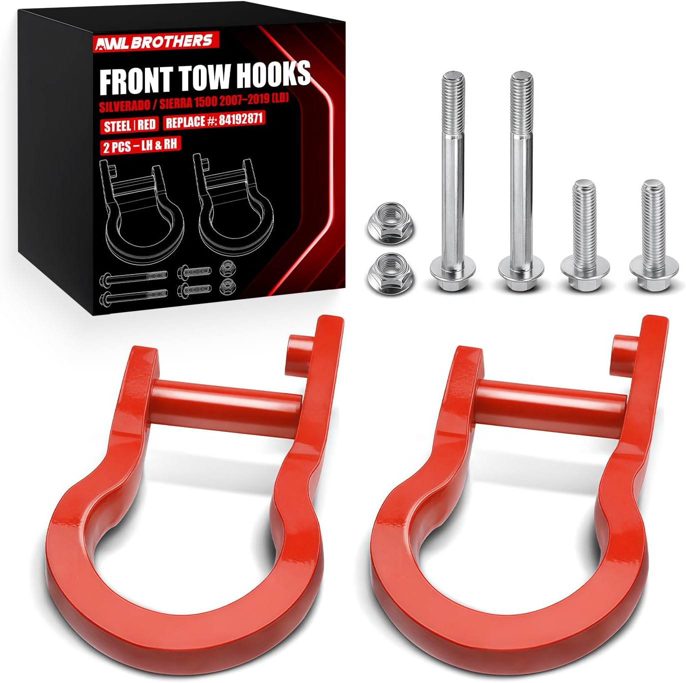 Front Tow Hooks for Chevy Silverado 1500 & GMC Sierra 1500 2007-2019 – Red Steel Alloy Front Bumper Recovery Hook Kit, Replace #84192871