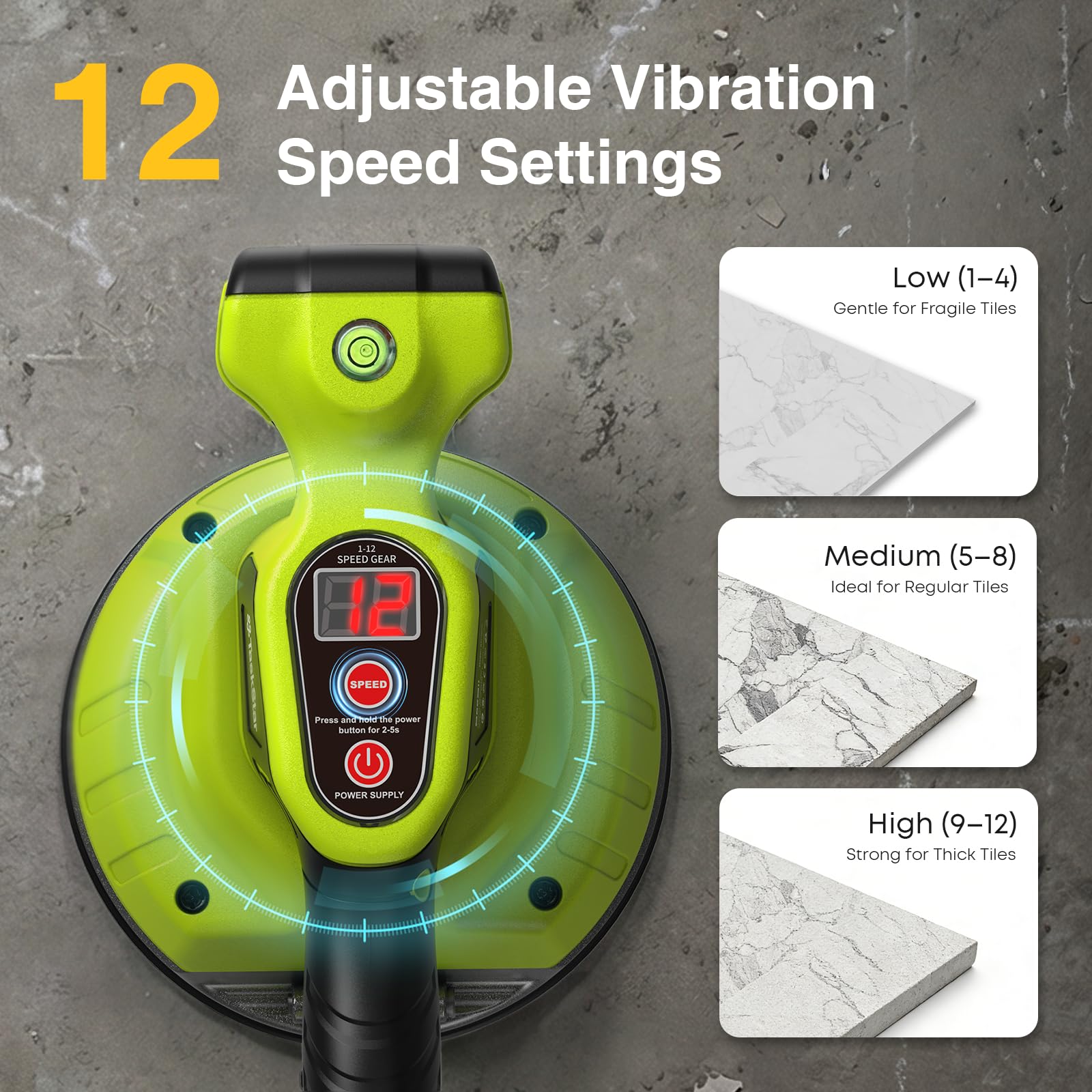 Taskstar Vibratore per piastrelle, compatibile con batteria Makita 18V, ventosa 160 mm (113 kg), 26.000 giri/min, 12 velocità, per piastrelle grandi fino a 122 cm, attrezzo installazione professionale