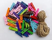 Durreus 50pcs Colorful Mini Wooden Clothespins with 33ft Jute Twine - Photo Display Clips, Kids Art Hanging Kit & Party Decor