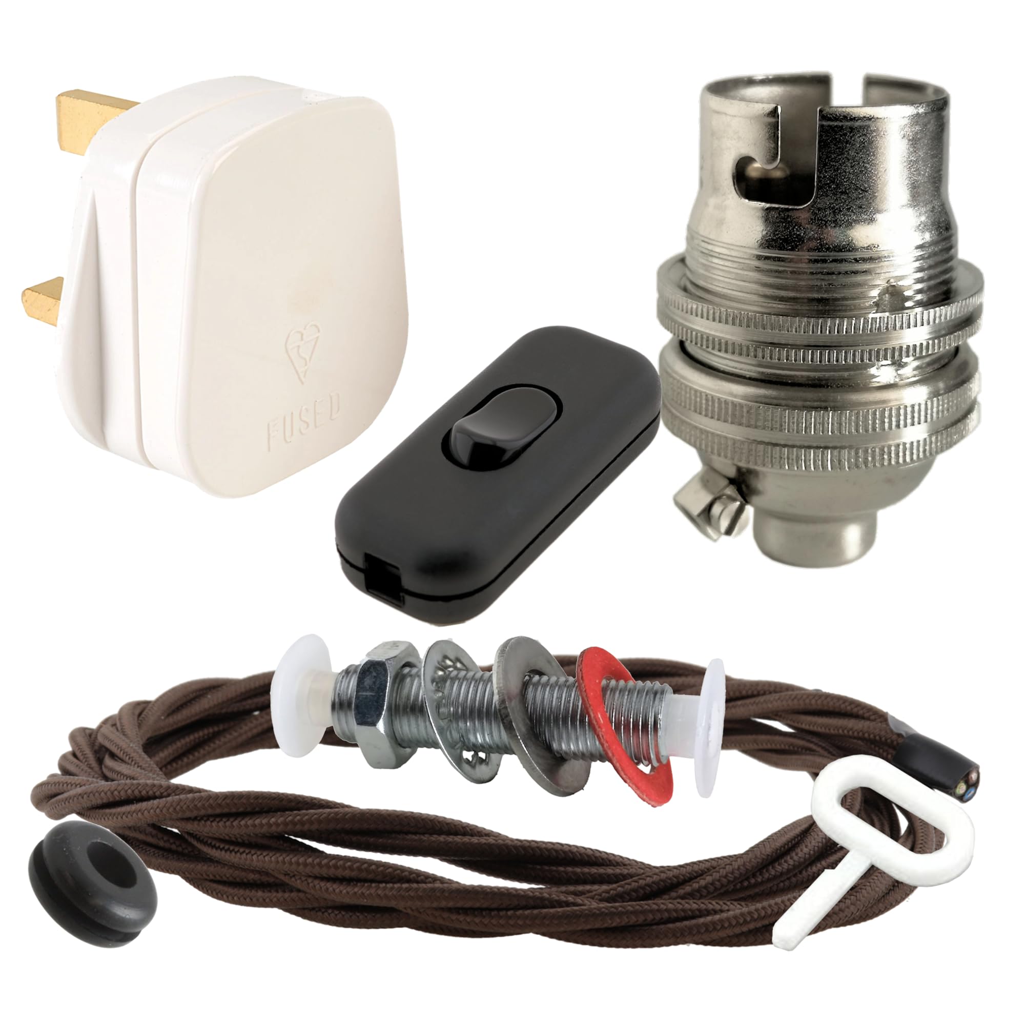 Art Deco Emporium Lamp Repair and Servicing Kit|White Plug|Brown Flex|Black Switch|B22 Chrome Finish Lamp Holder