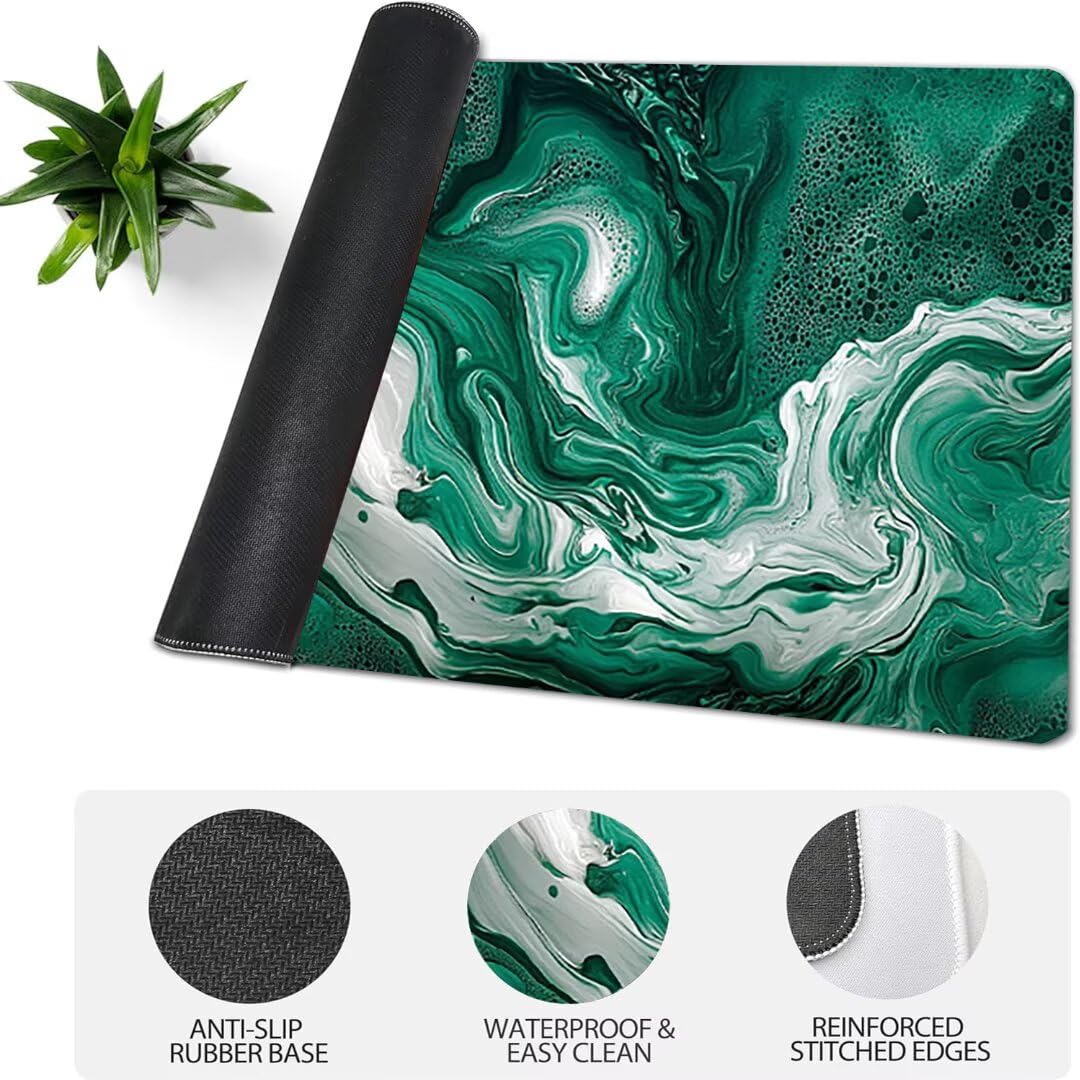 Podkładka pod mysz do gier XXL zielony marmurowy wzór, mata na biurko XXL - 1400 x 600 x 3 mm - pod ręką biurko, podkładka pod mysz dla graczy antypoślizgowa gumowa podkładka zszyte krawędzie, dla