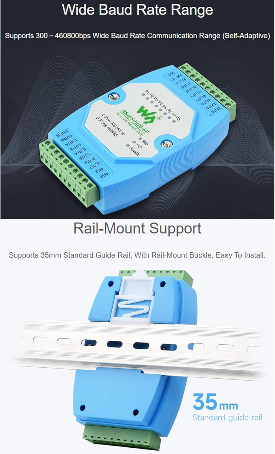 waveshare Industrial Isolated 8-ch RS485 Hub, Extend 8-ch RS485 Slave Ports via 1-ch RS485 Master Port,with Isolation and Relay,Support Rail-Mount, 300~460800bps (Self-Adaptive) Baud Rate, DC 9~24V